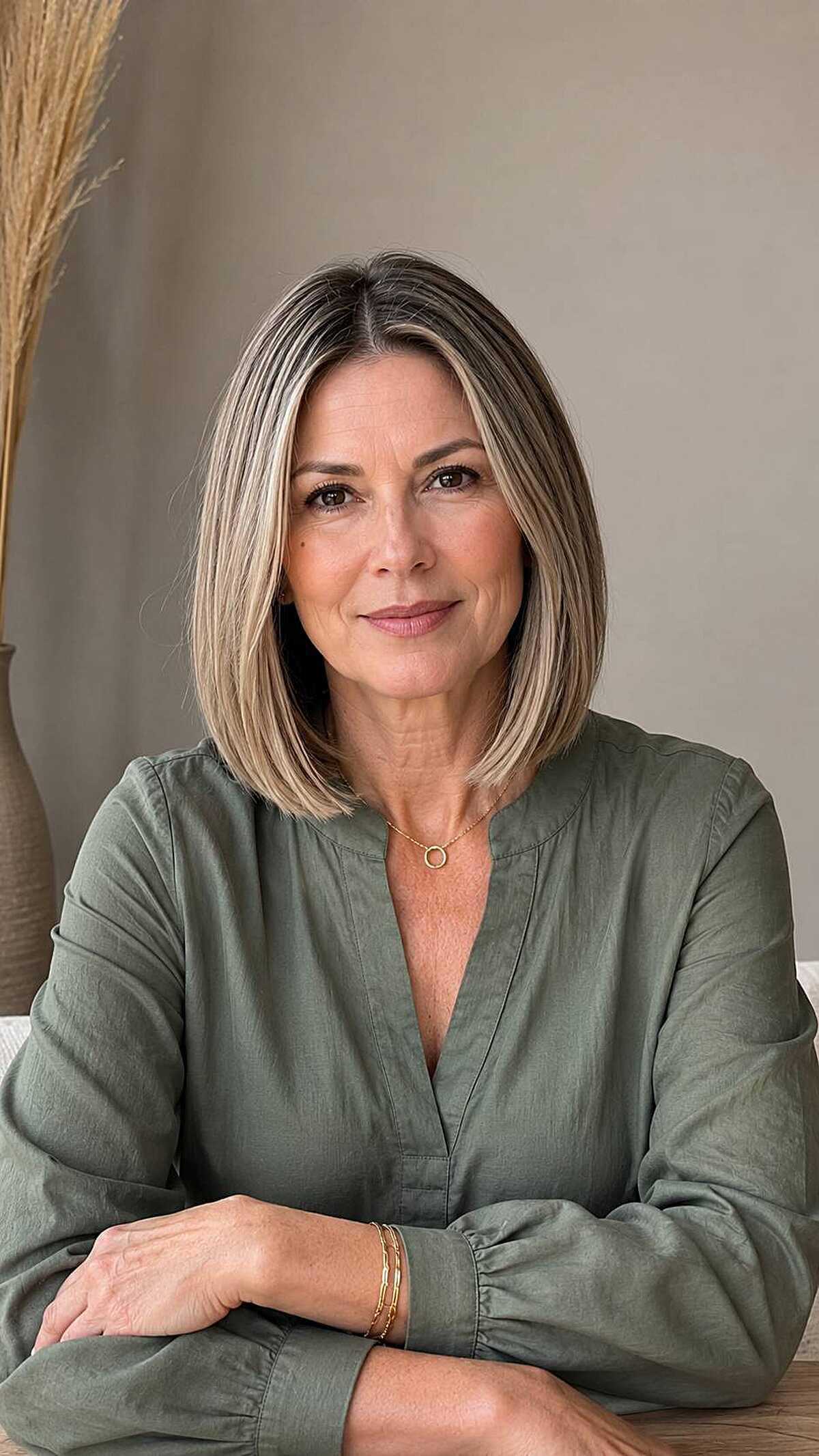 Sleek chin-length bob with cool blonde highlights
