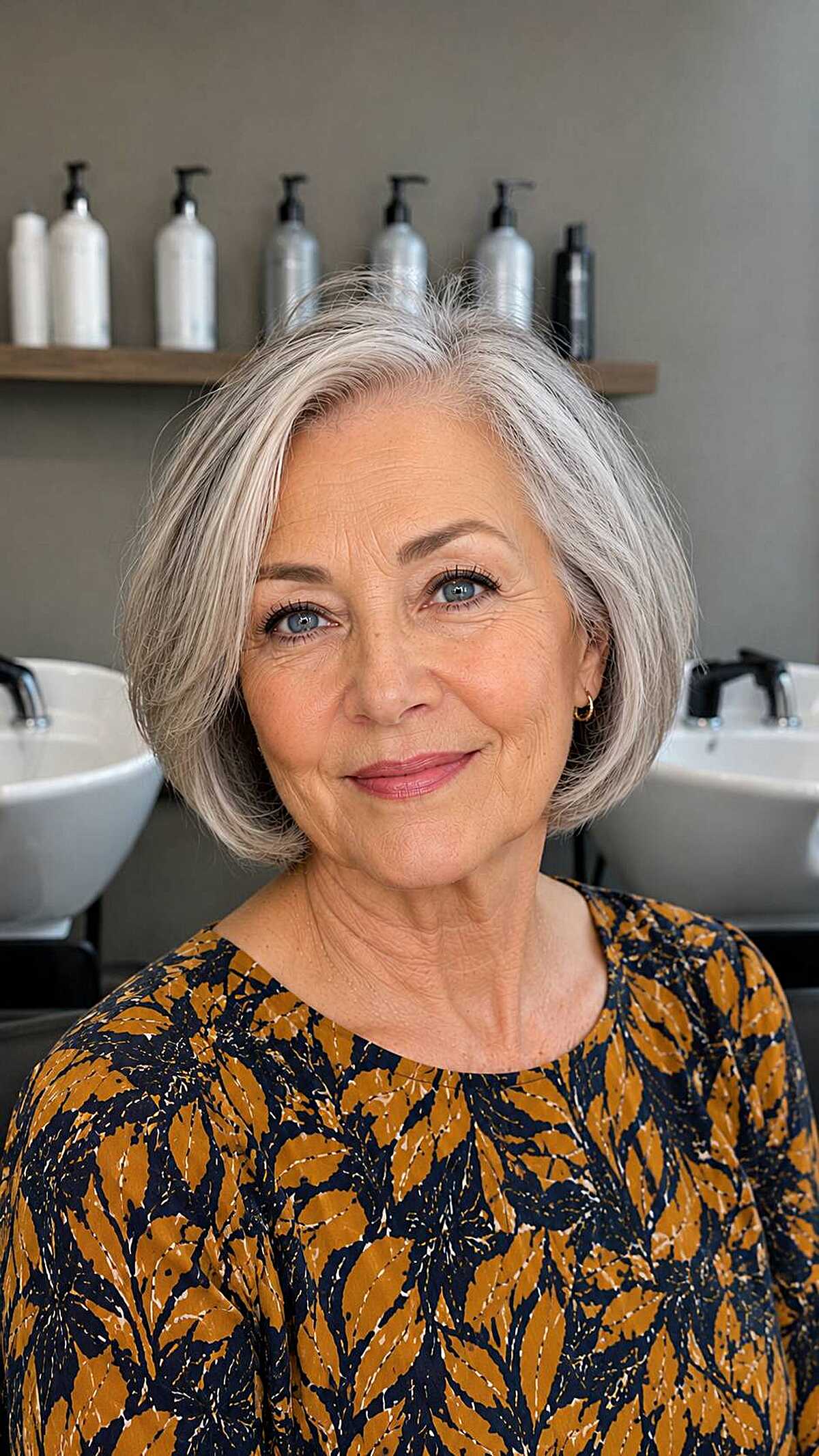 Silver white chin-length bob with soft inward bend