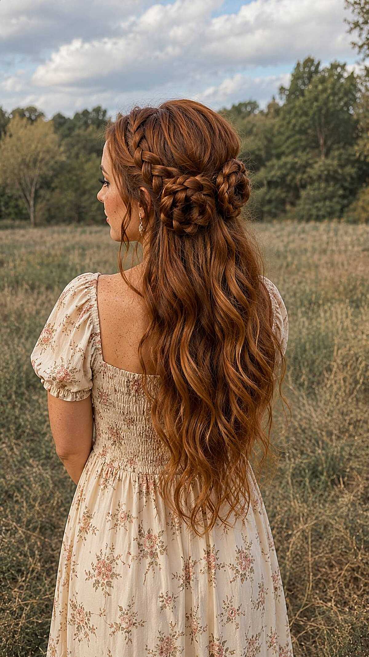 Red hair half-up braided bun with long loose curls