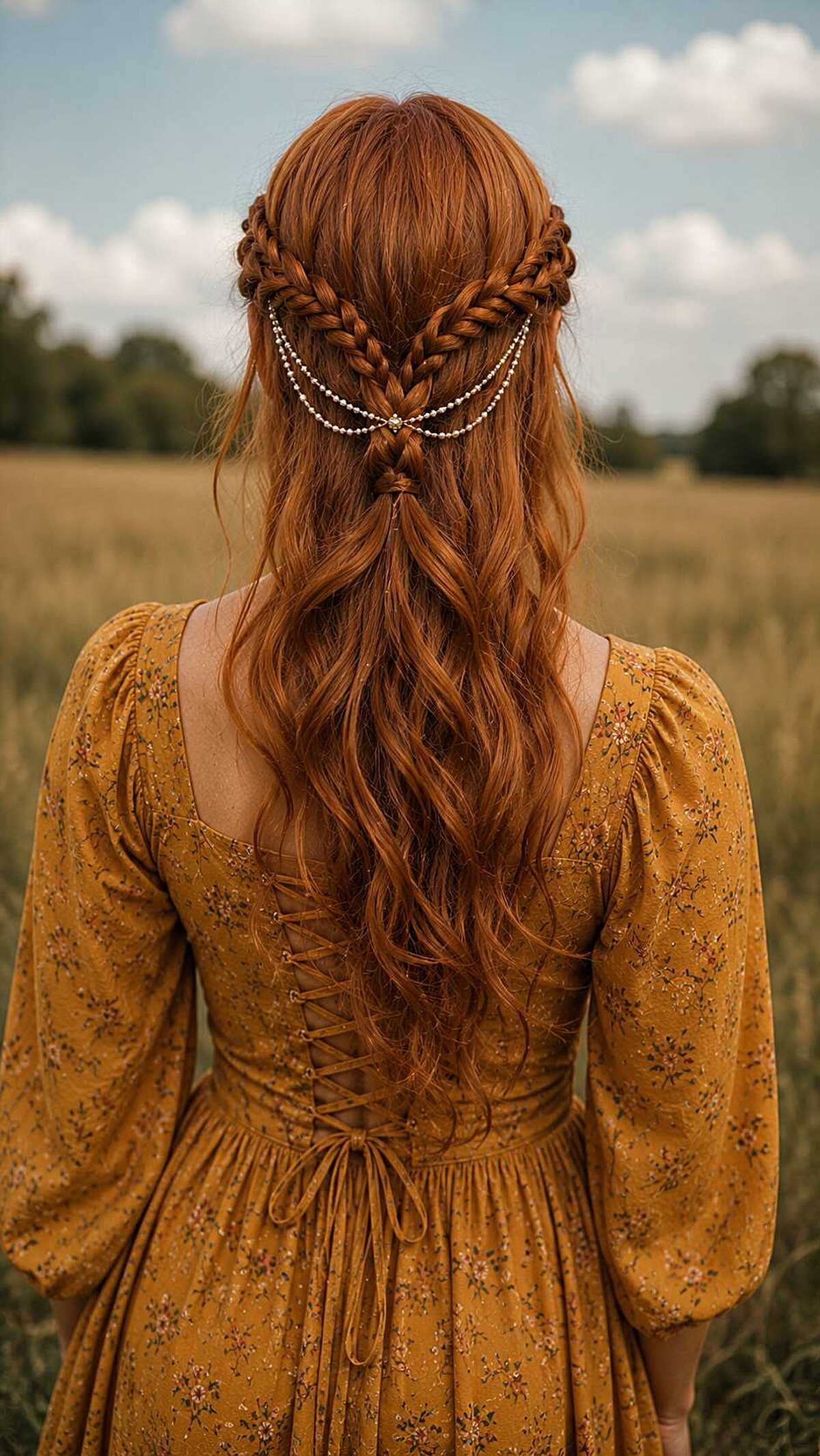 Red hair with two braids joined by a pearl chain detail