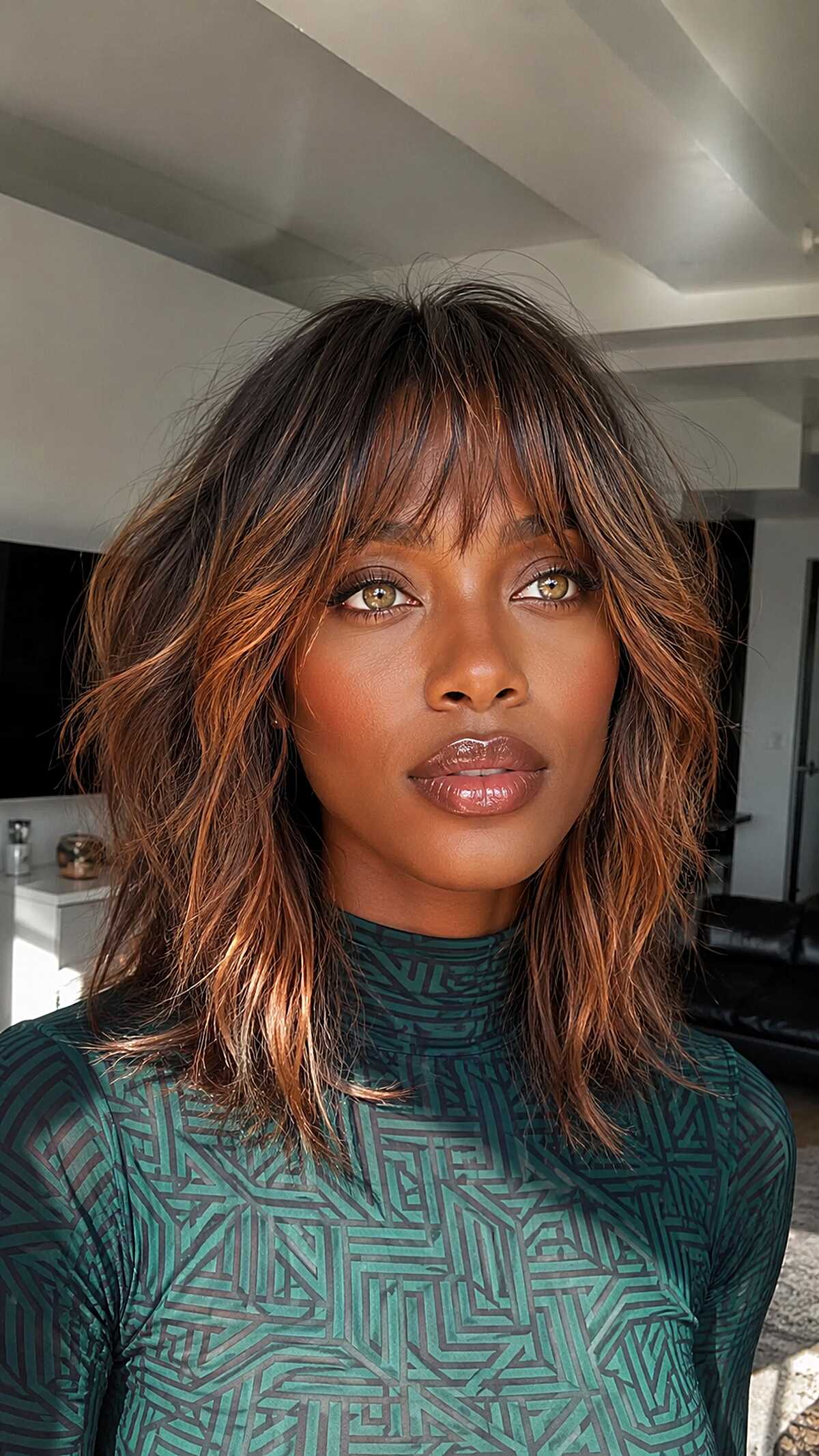 Copper-Dipped Dark Shag Lob with Textured Soft Bangs
