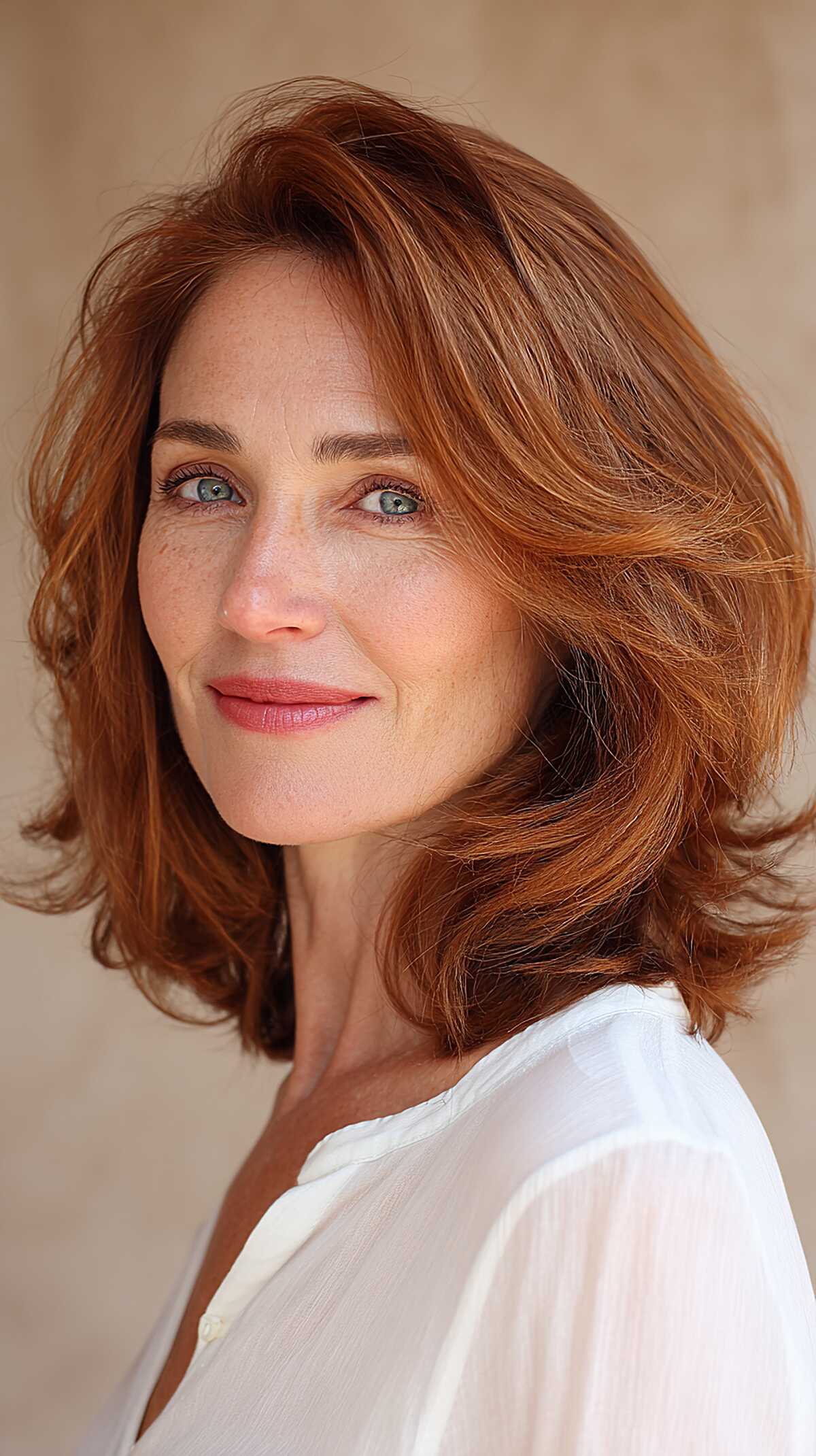 Copper Red Shoulder-Length Cut with Swooping Layers