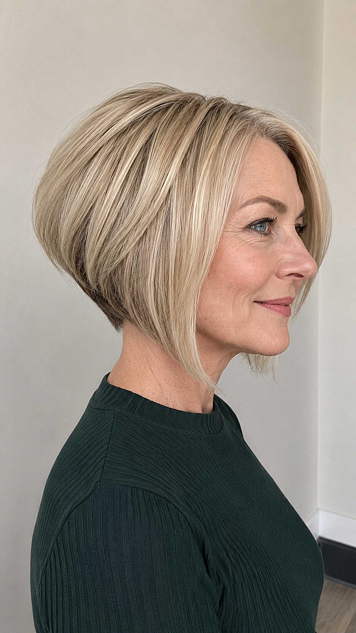 Champagne blonde stacked A-line bob with clean lines