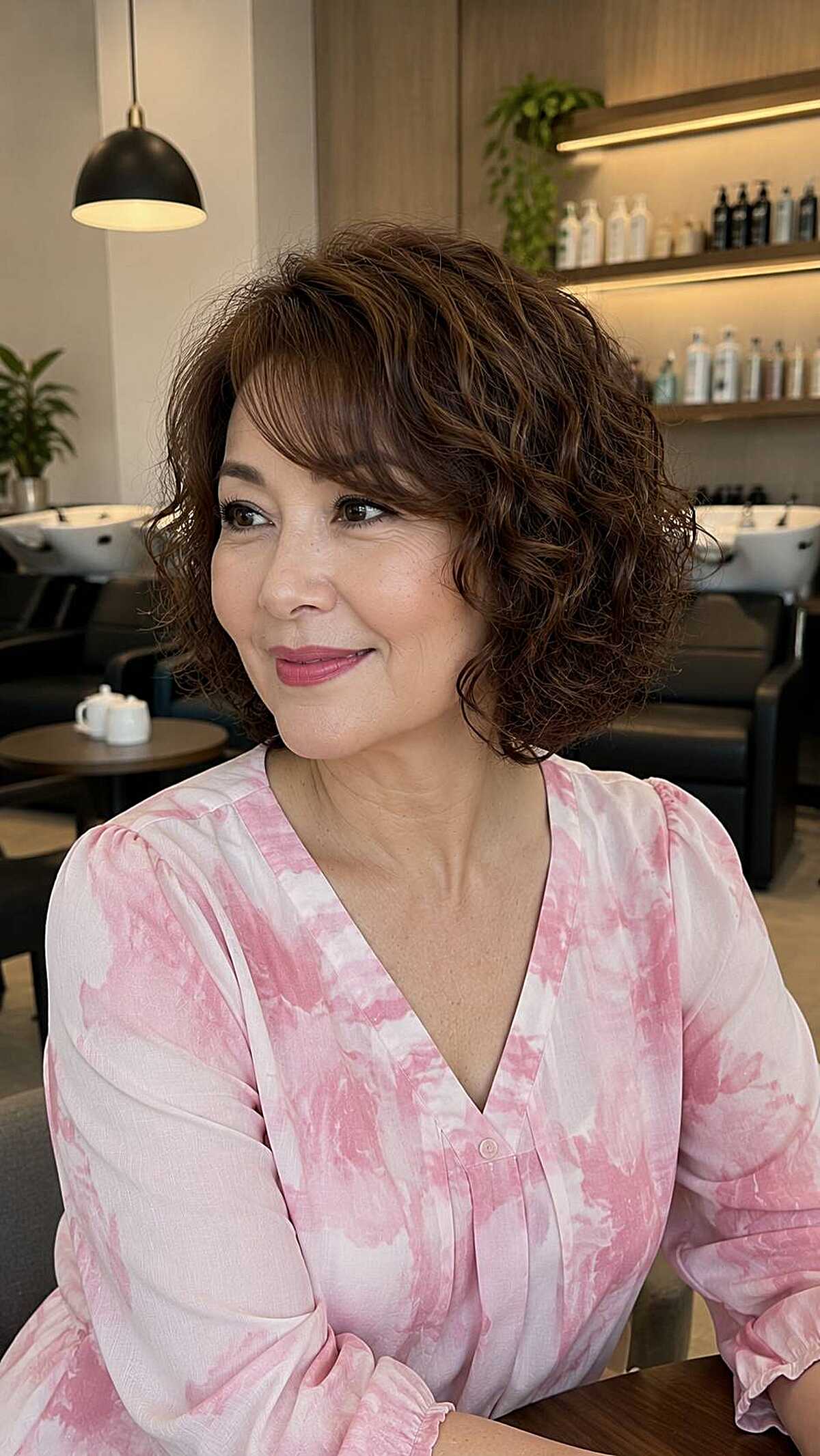 Curly auburn chin-length bob with soft side bangs