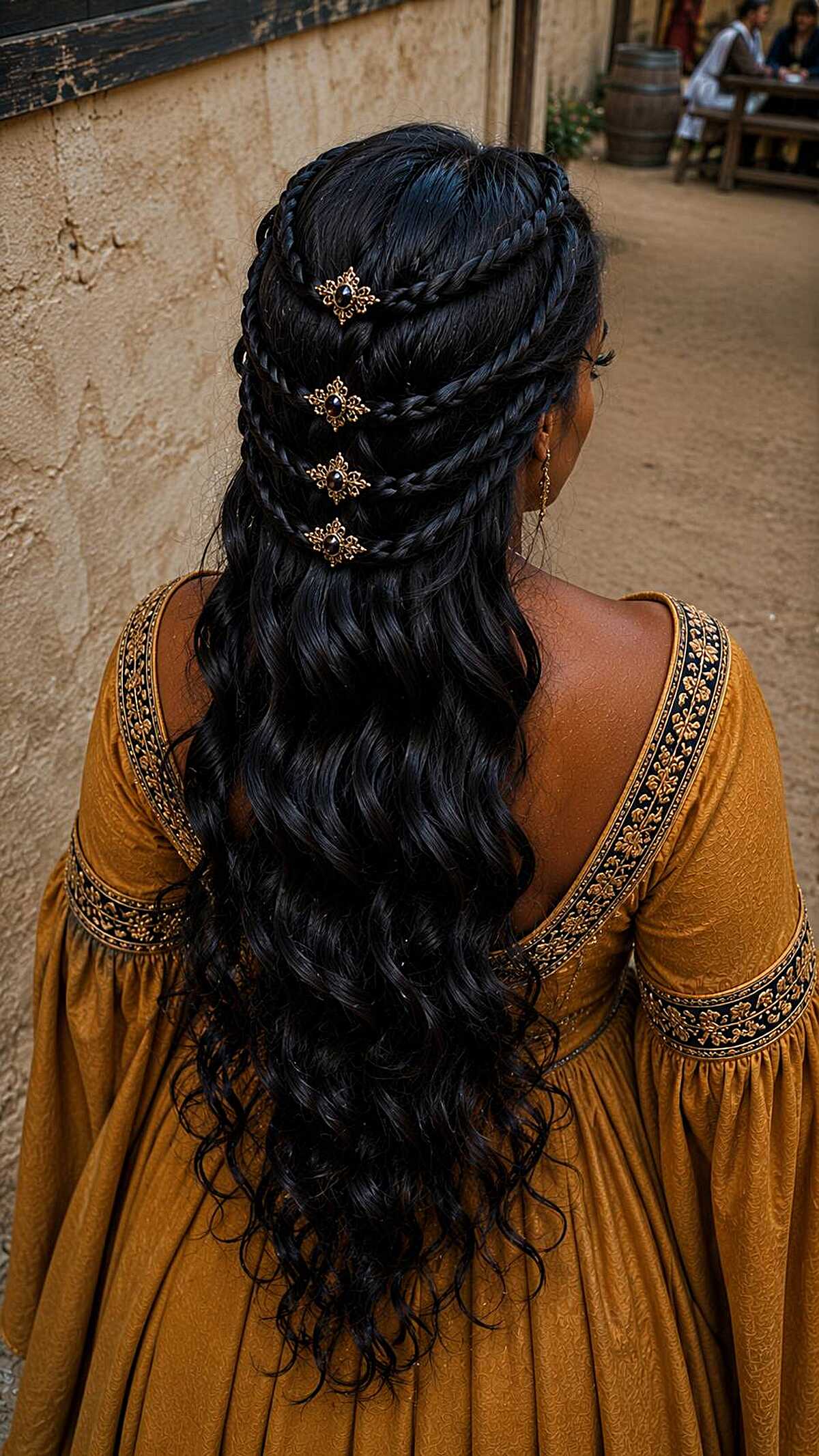 Black wavy half-up style with gold flower pins down center