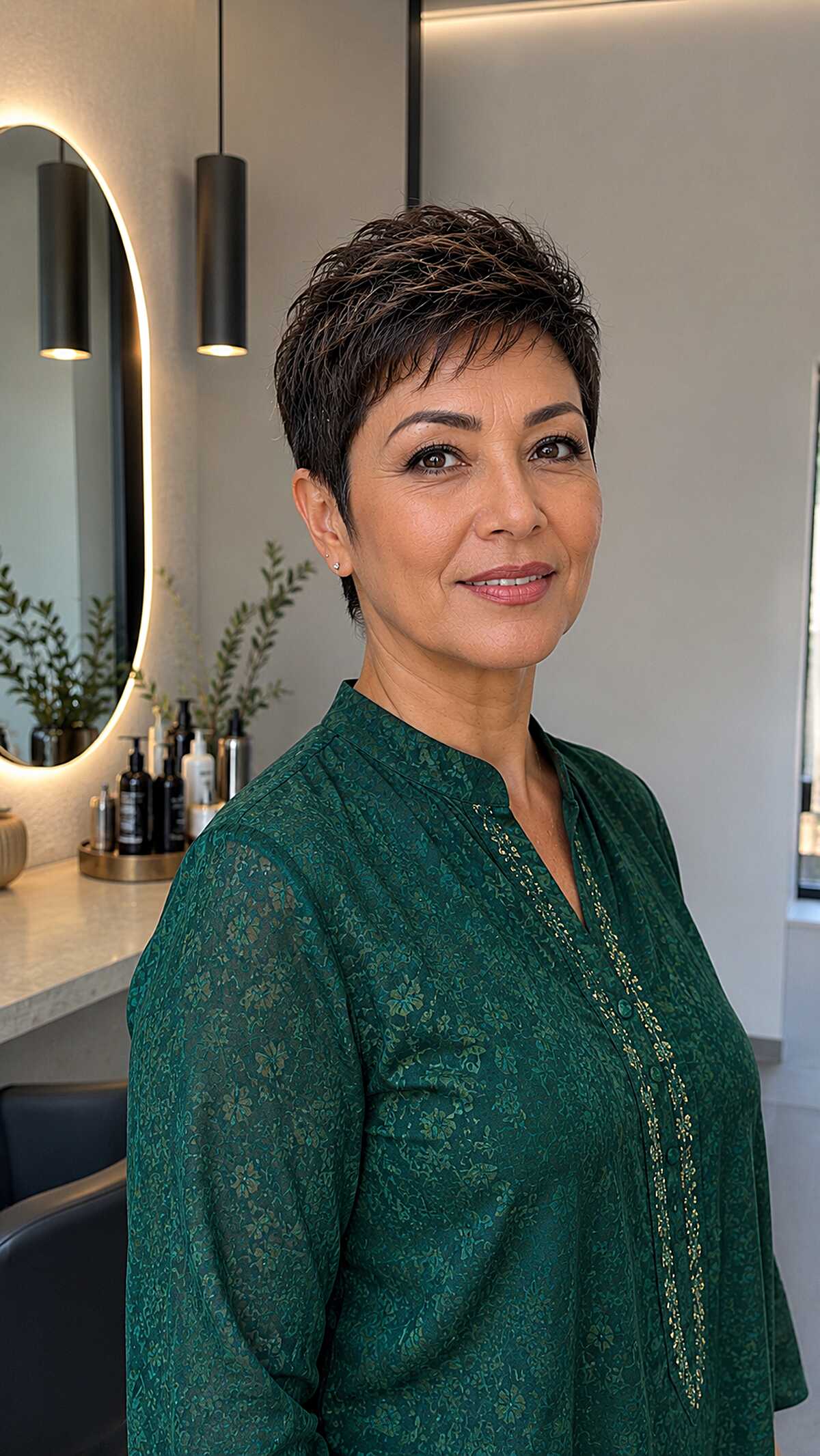 Dark chocolate wavy textured pixie cut in salon