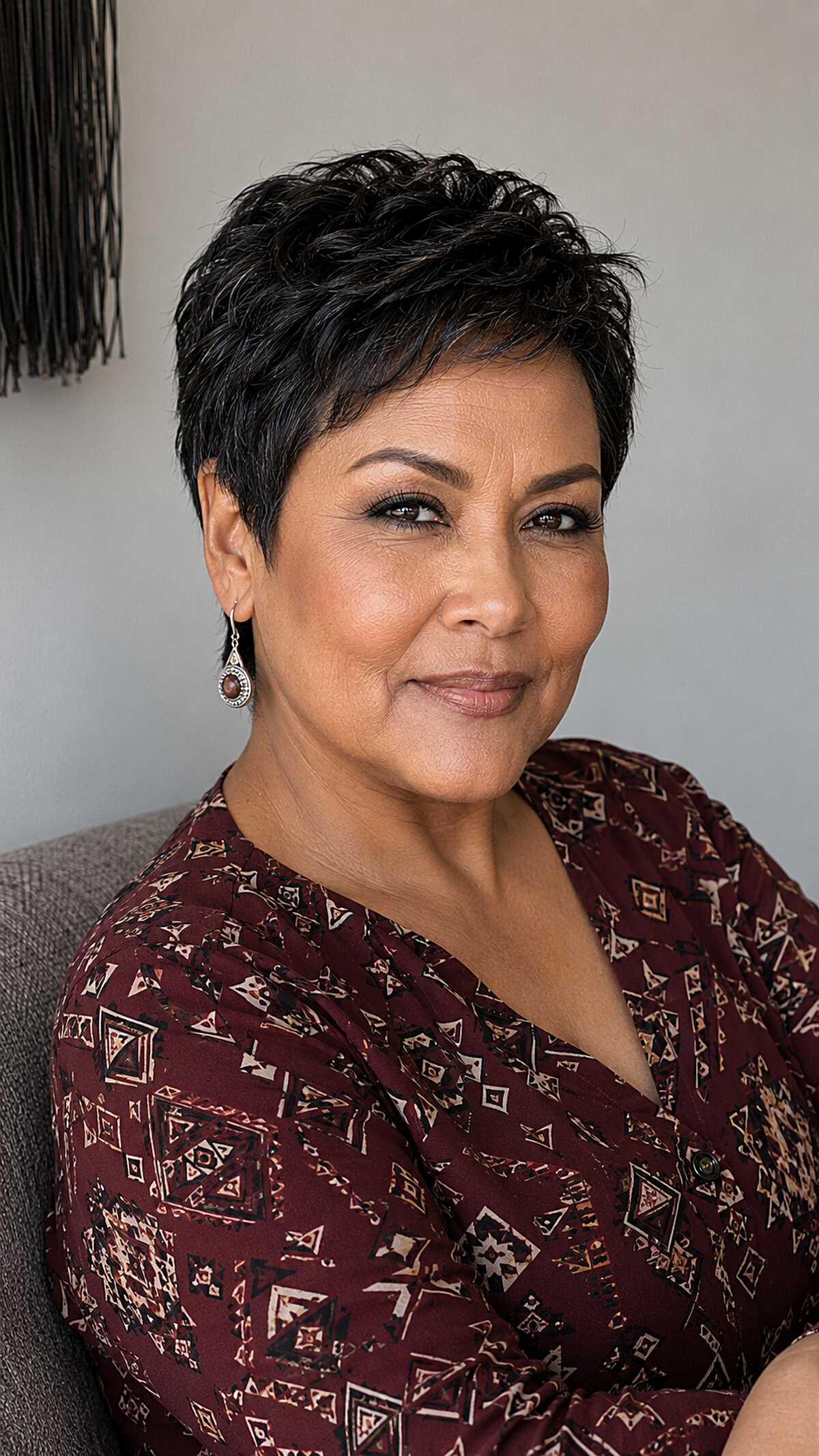 Dark brown wavy very short pixie cut on woman over 50