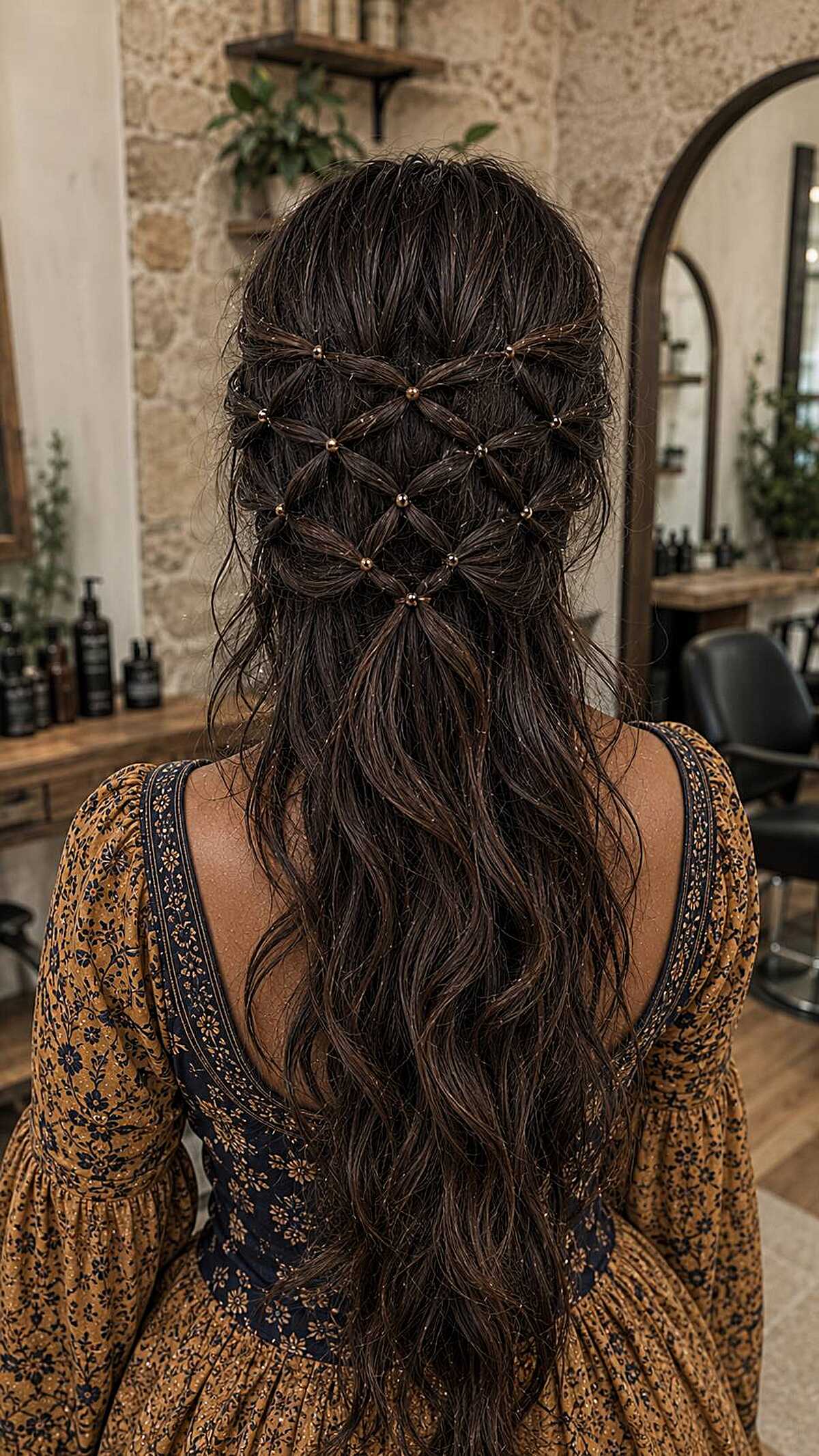 Dark wavy hair with lattice net pattern and bronze beads