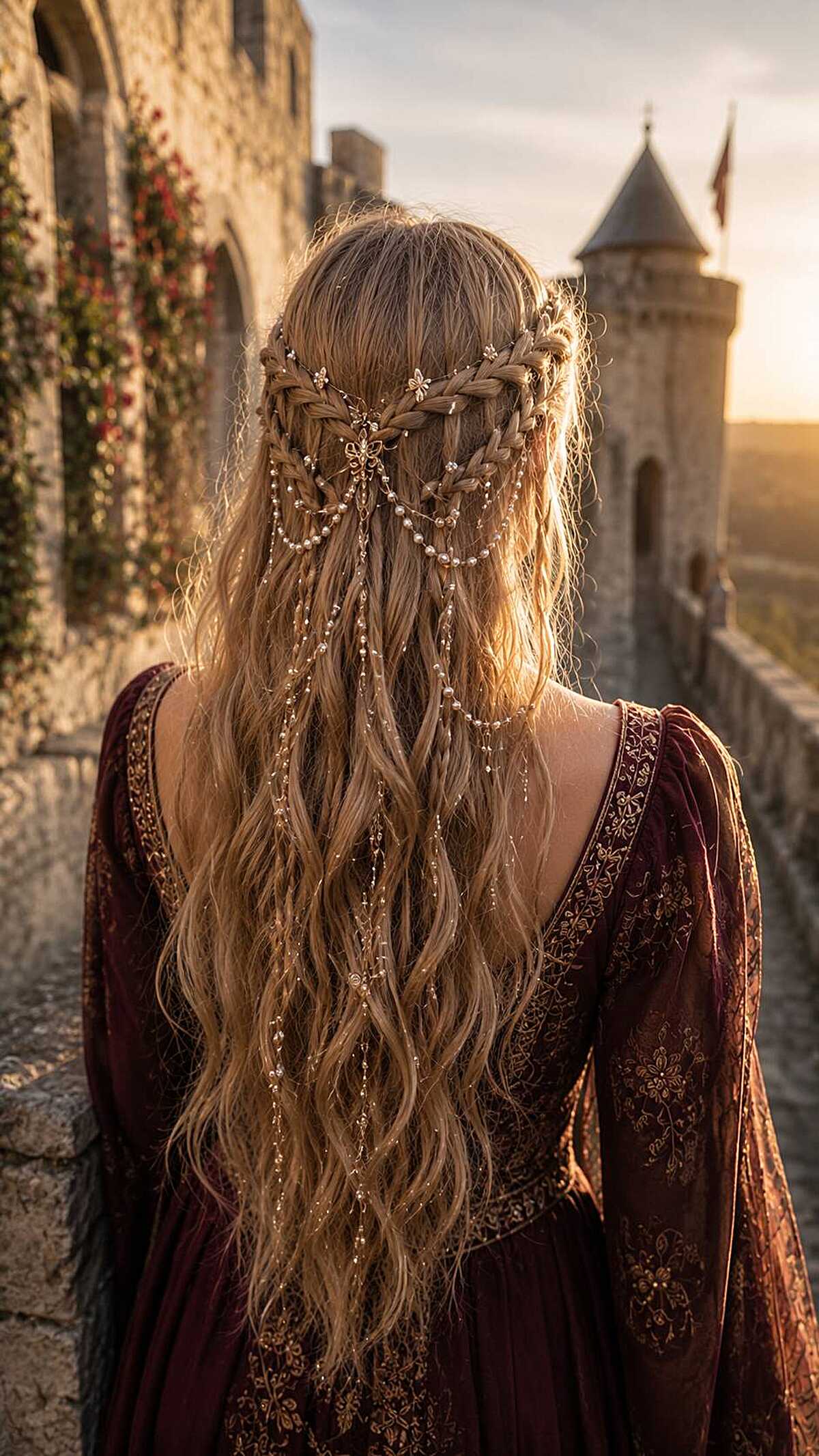 Blonde braided V-shape with pearl chain drapes at castle