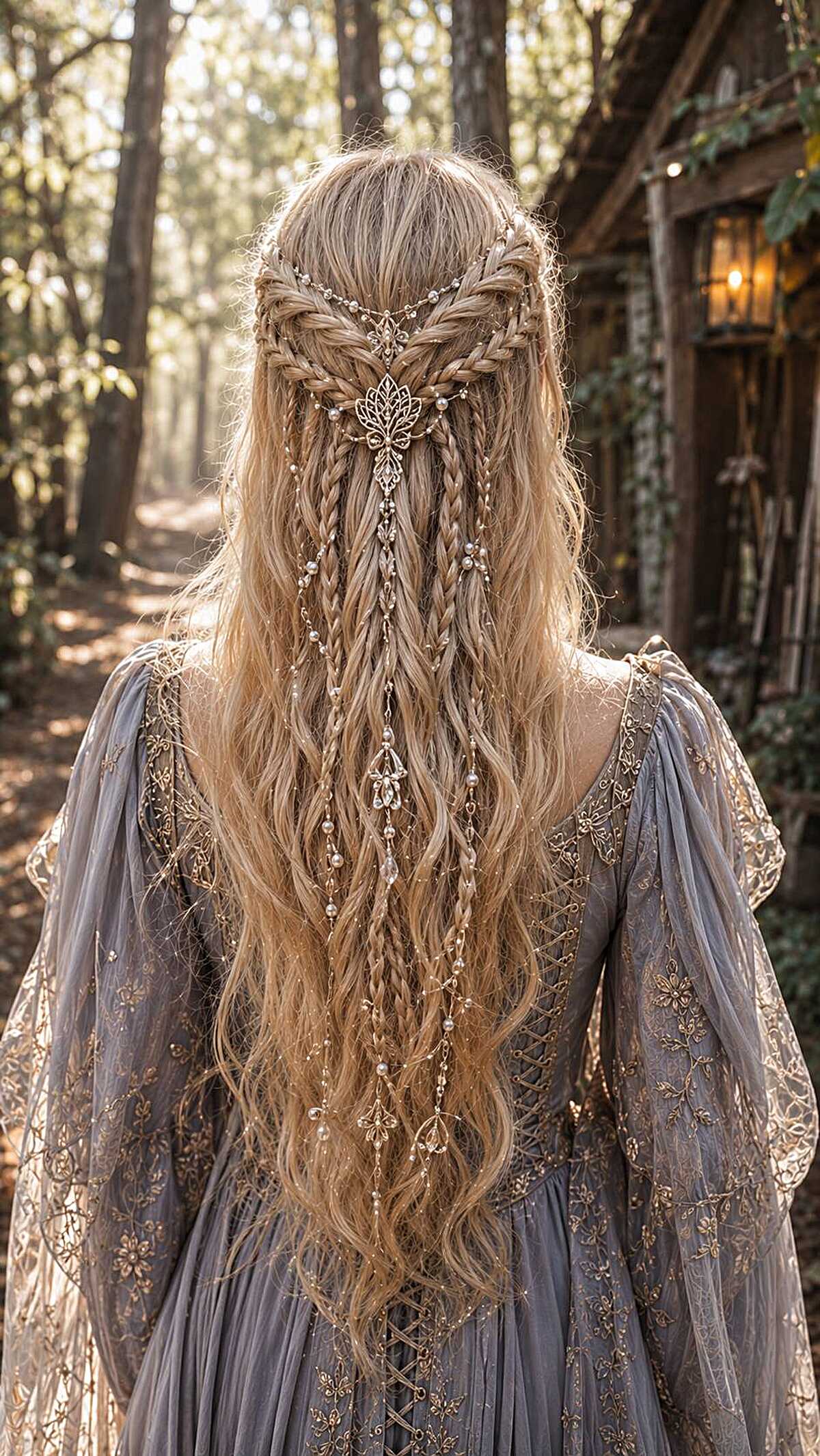 Long blonde braids with hanging jewels and leaf pendant
