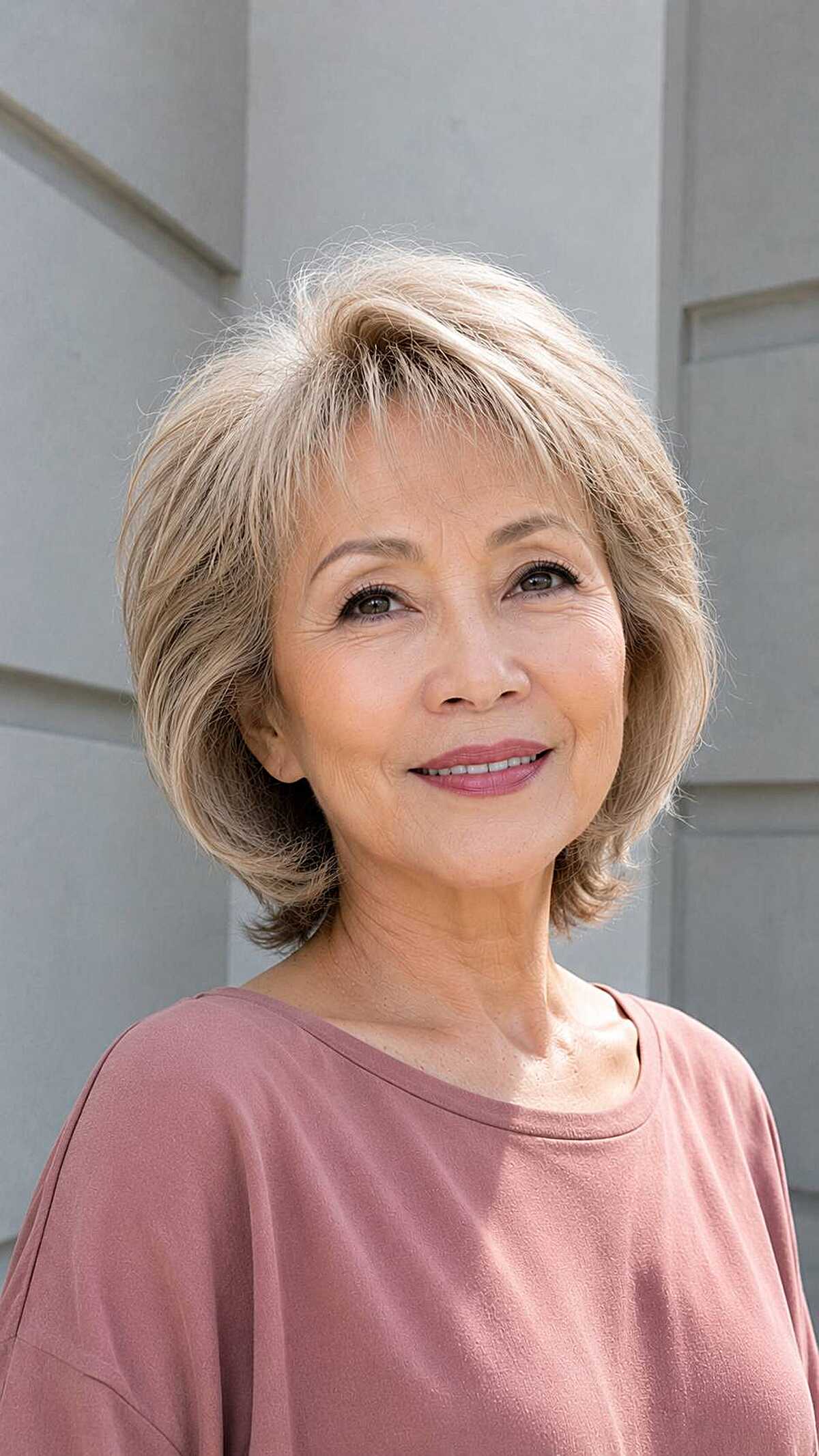 Short feathered ash blonde bob with layered flip