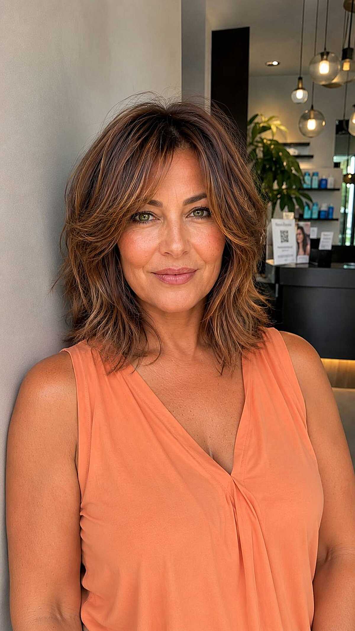 Medium feathered layers in brunette with caramel highlights
