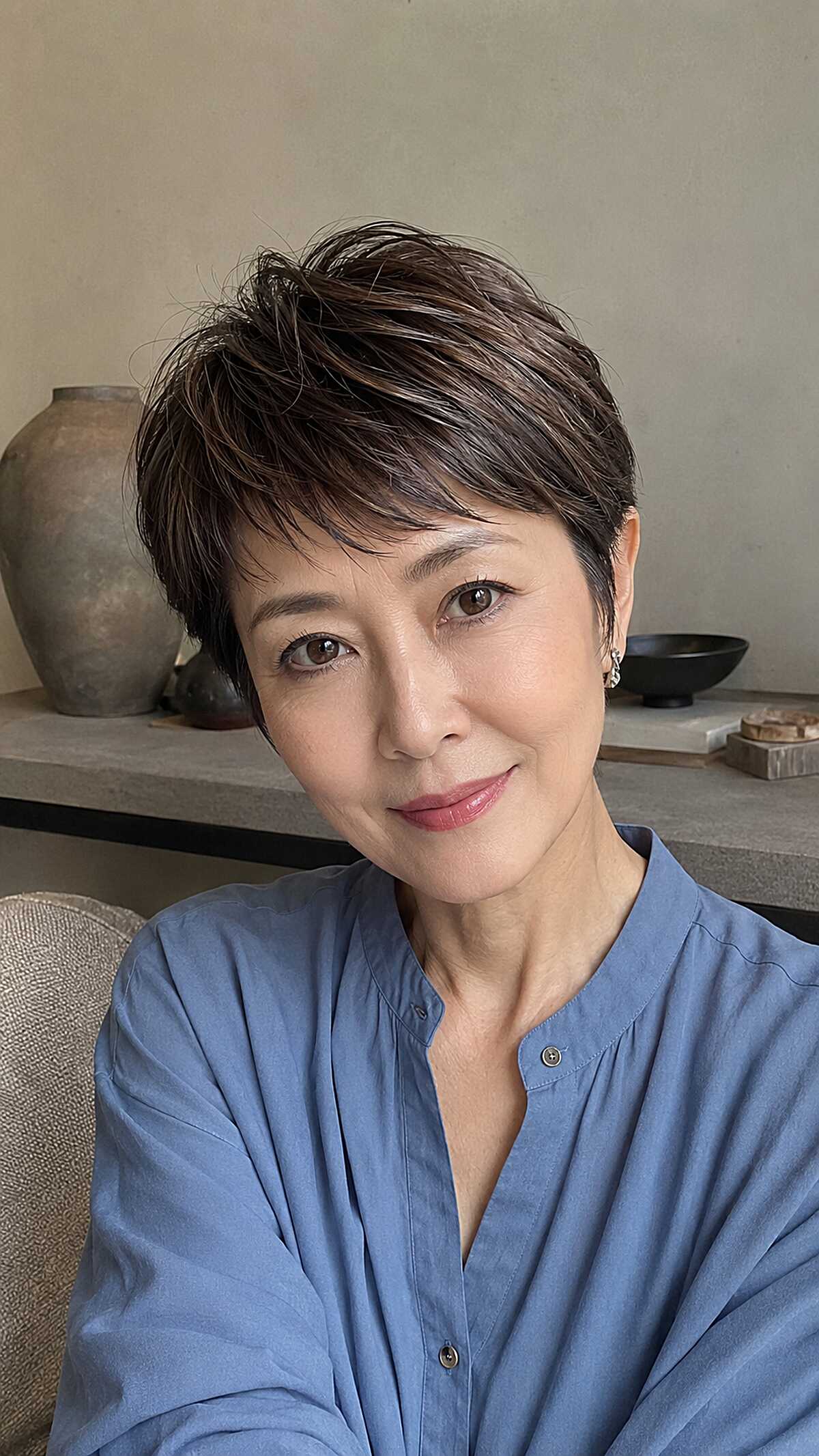 Feathered wispy brunette pixie with soft bangs over 50