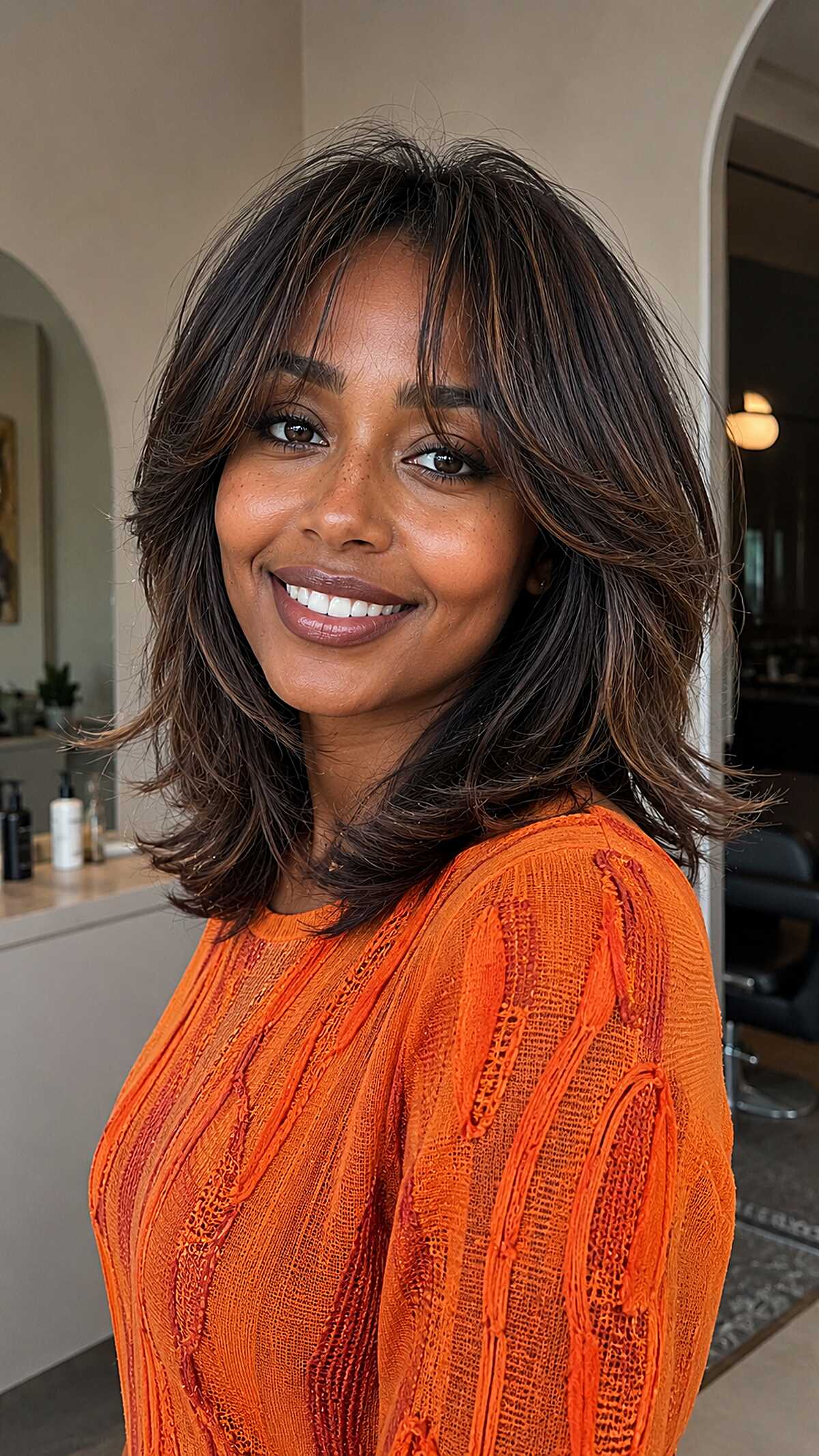 Feathered Dark Chocolate Shag Lob with Flipped Ends