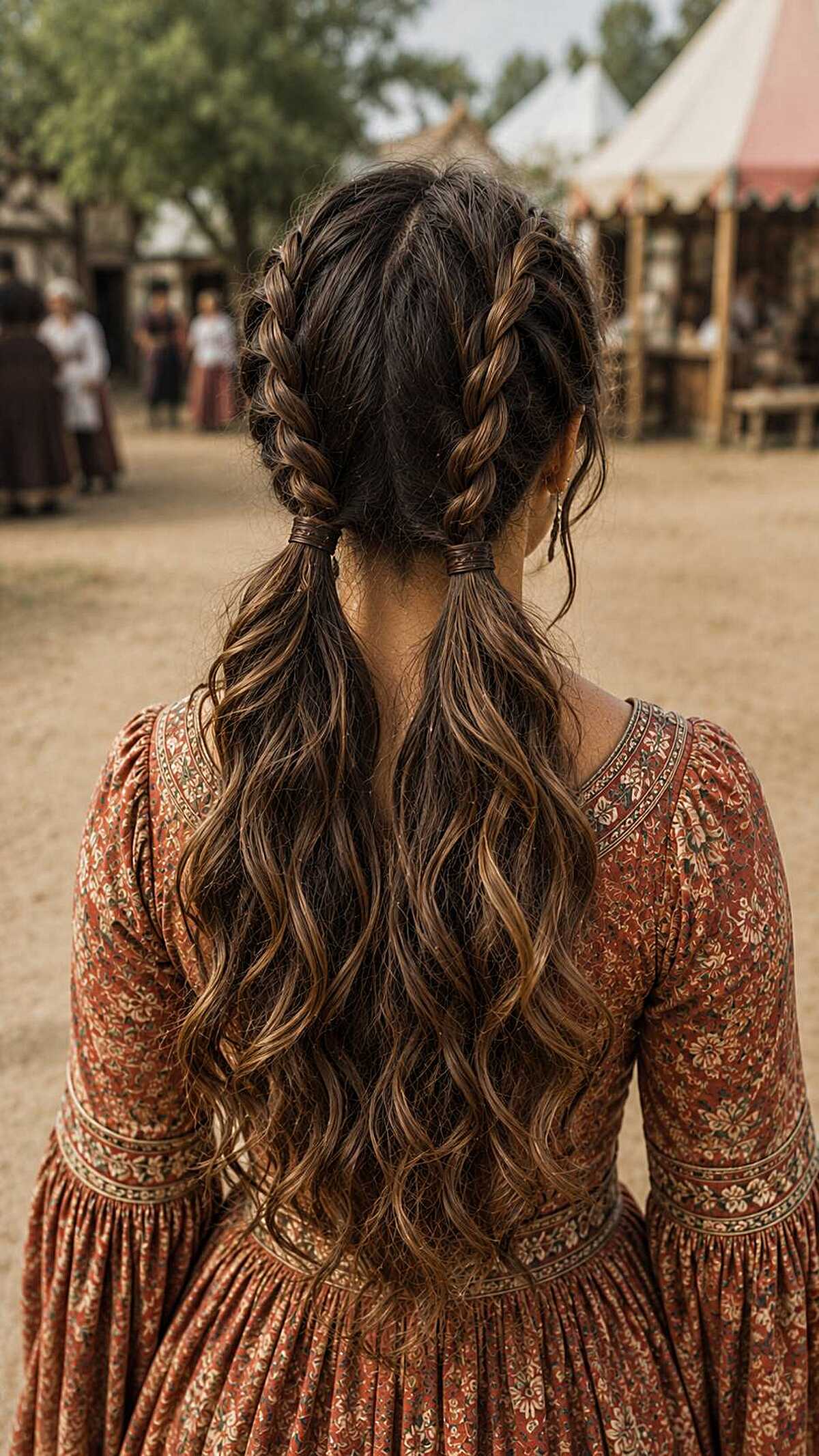 Brunette double French braids into curled low pigtails