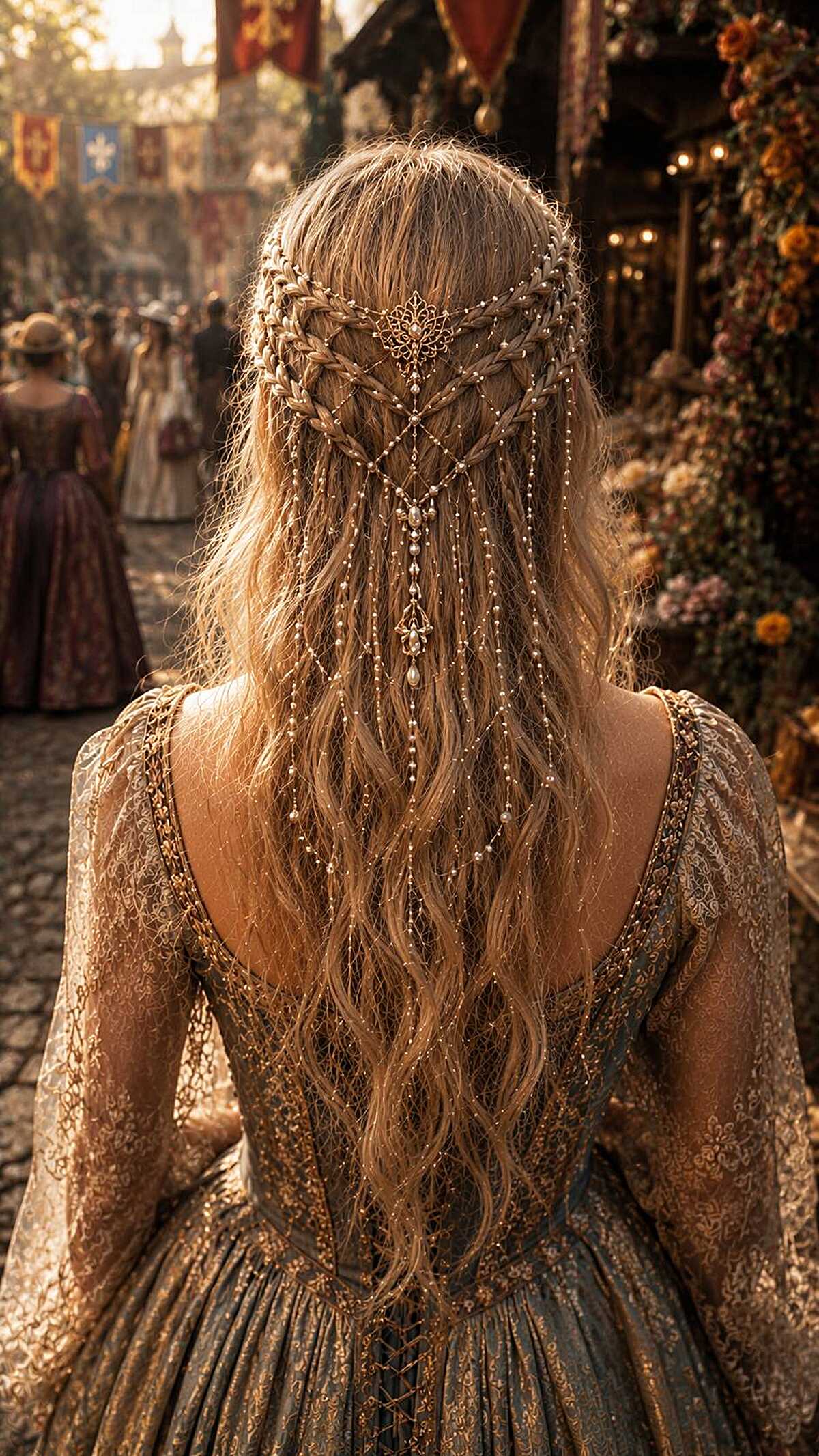 Blonde braids with ornate gold chain web and pendant