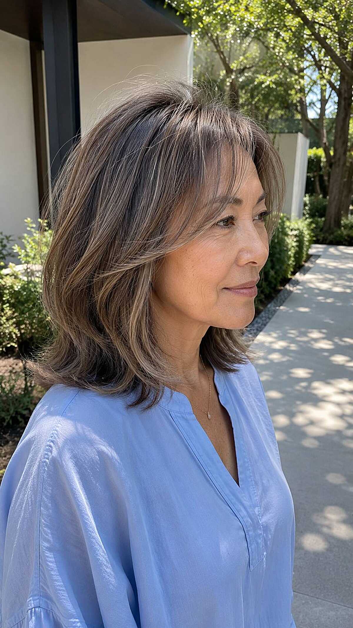 Medium-length layered cut with highlights and side part