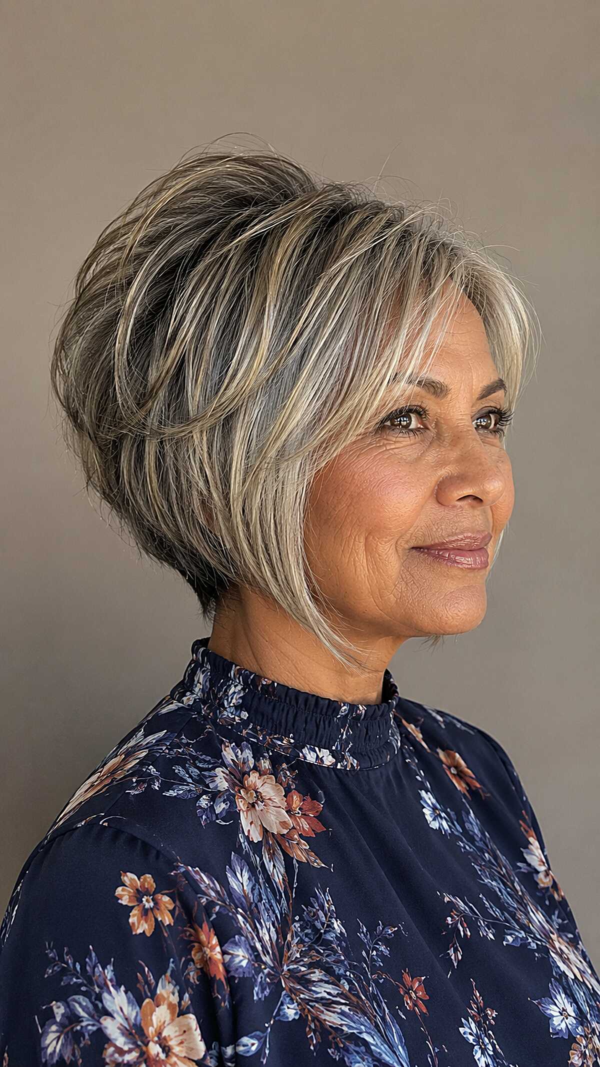 Layered salt-and-pepper A-line bob with blonde highlights