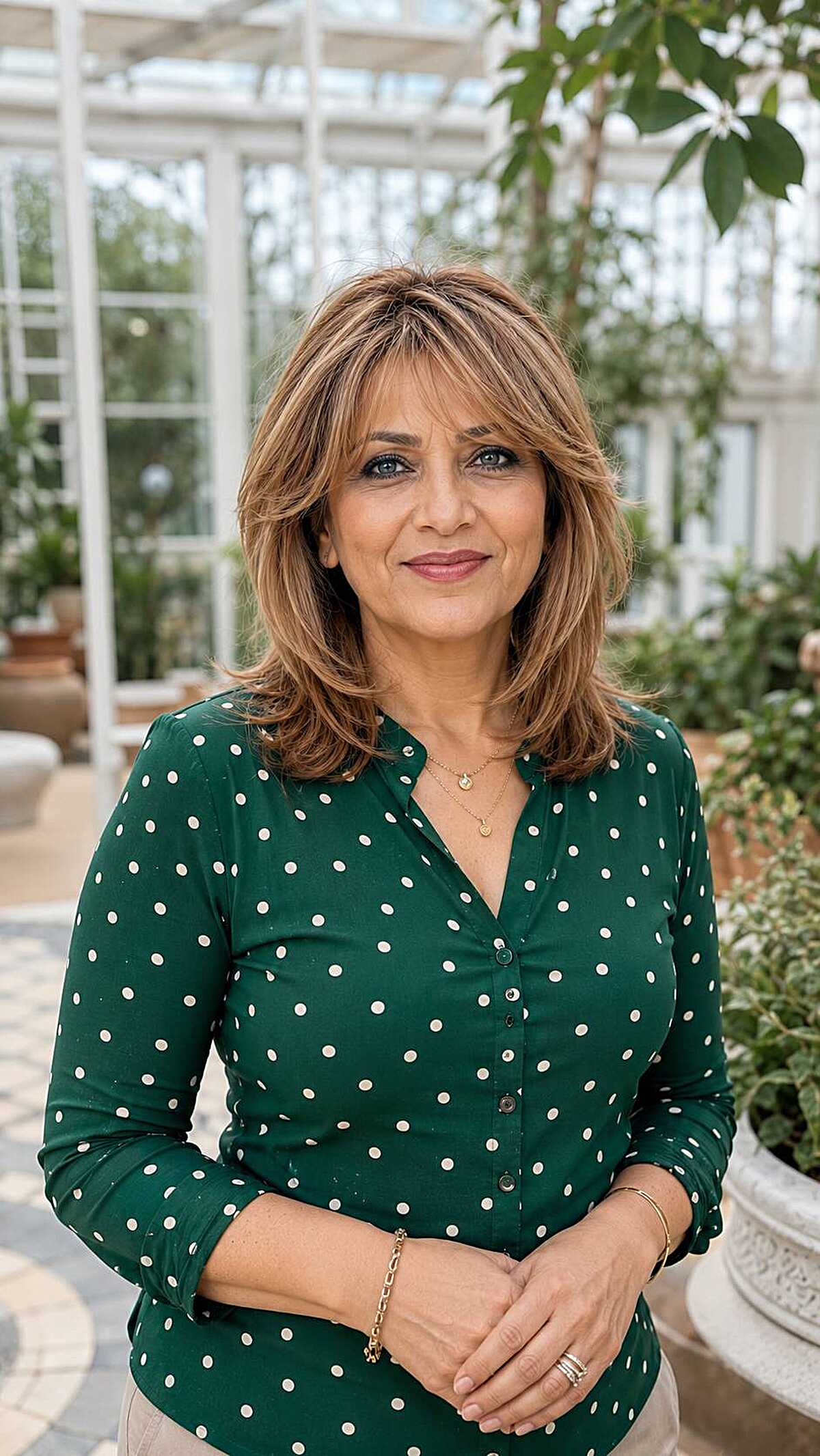 Honey blonde layered lob with wispy bangs over 50