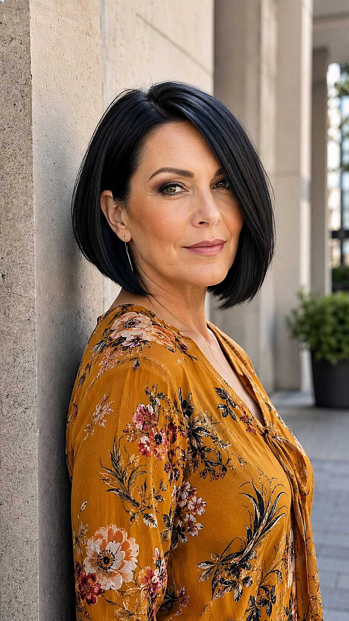 Sharp blunt jet black bob at chin length on woman