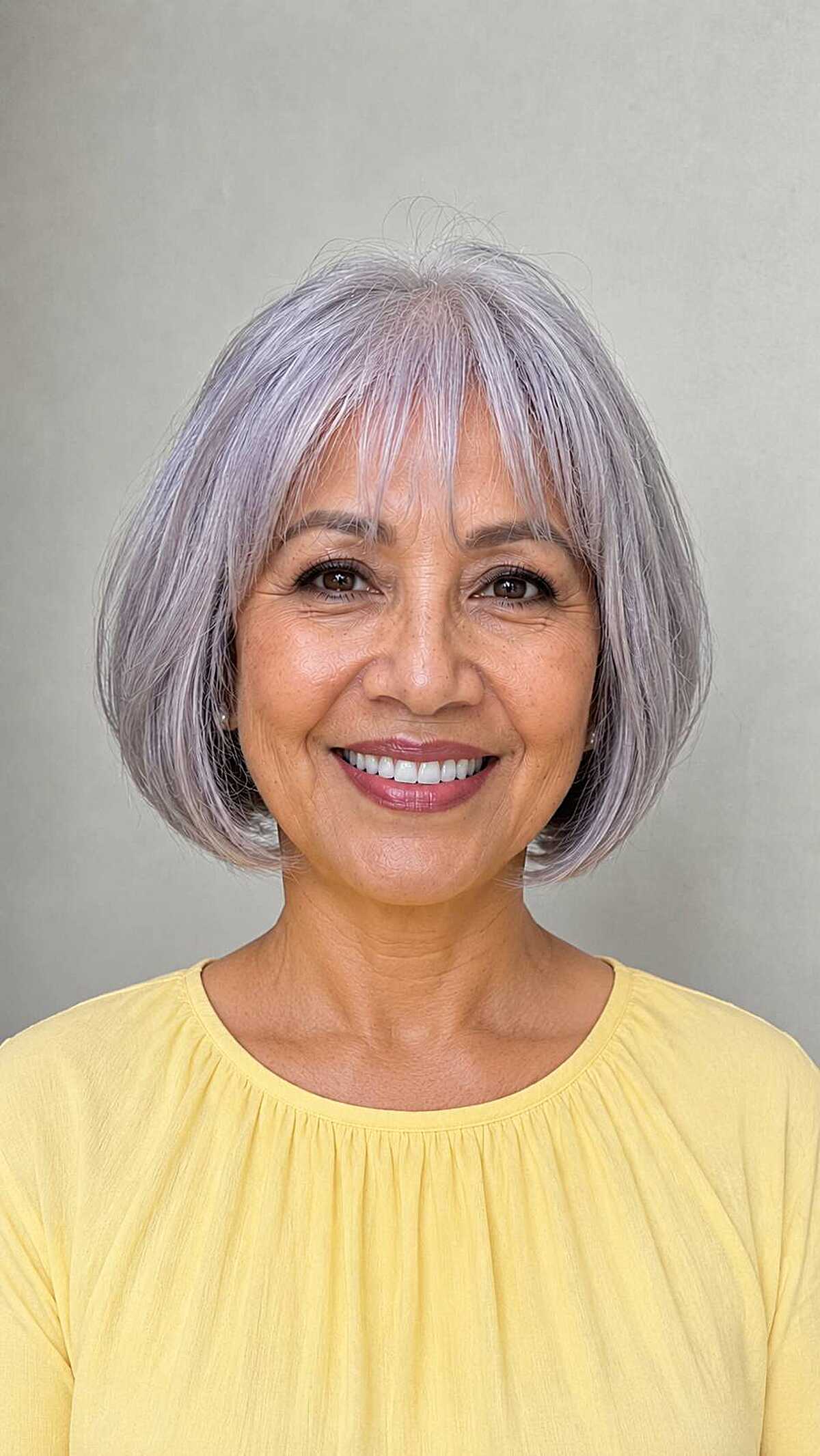 Silver bob with lavender tone and thin bangs