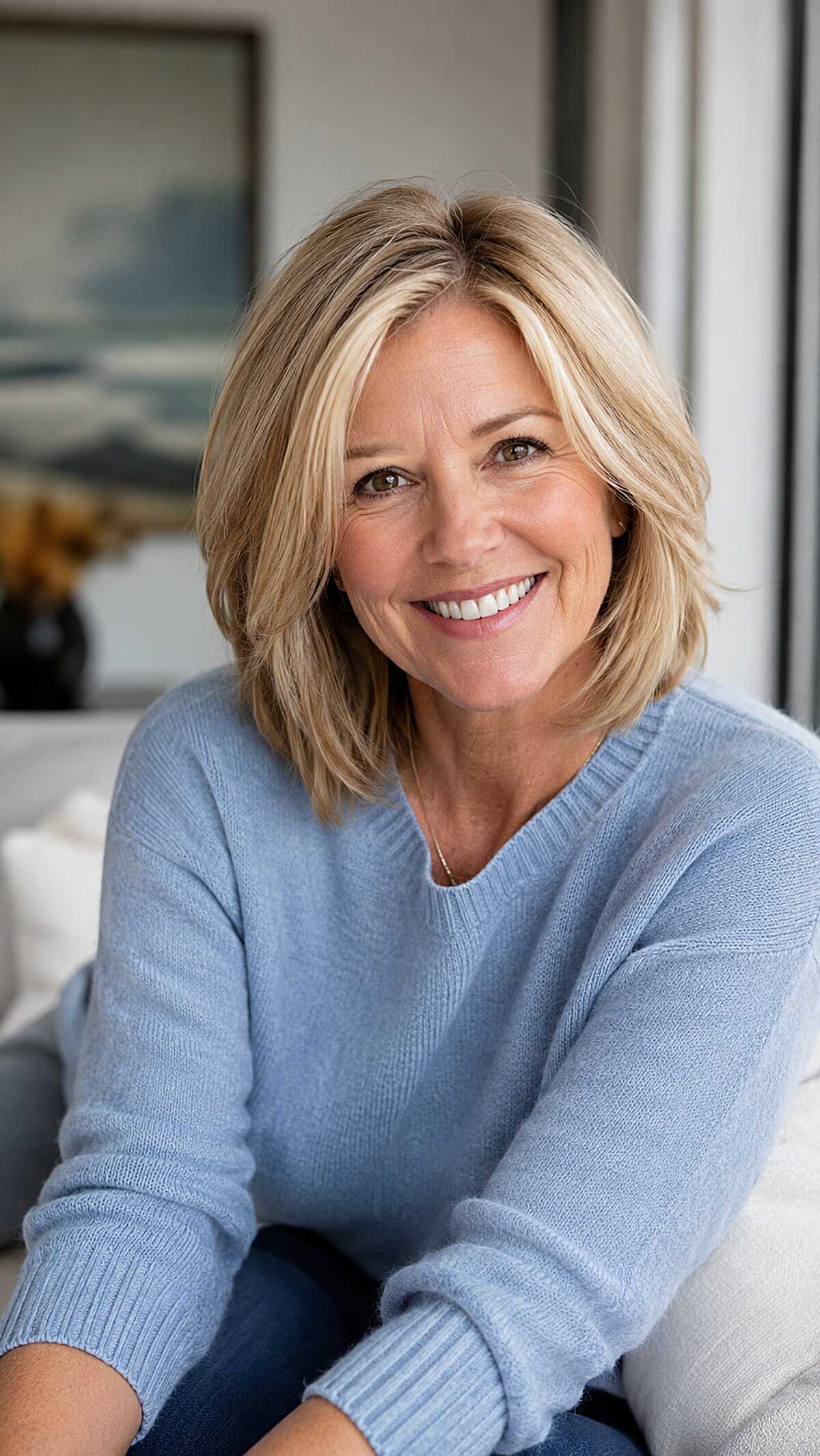 Layered Chin-Length Bob with Warm Blonde Highlights
