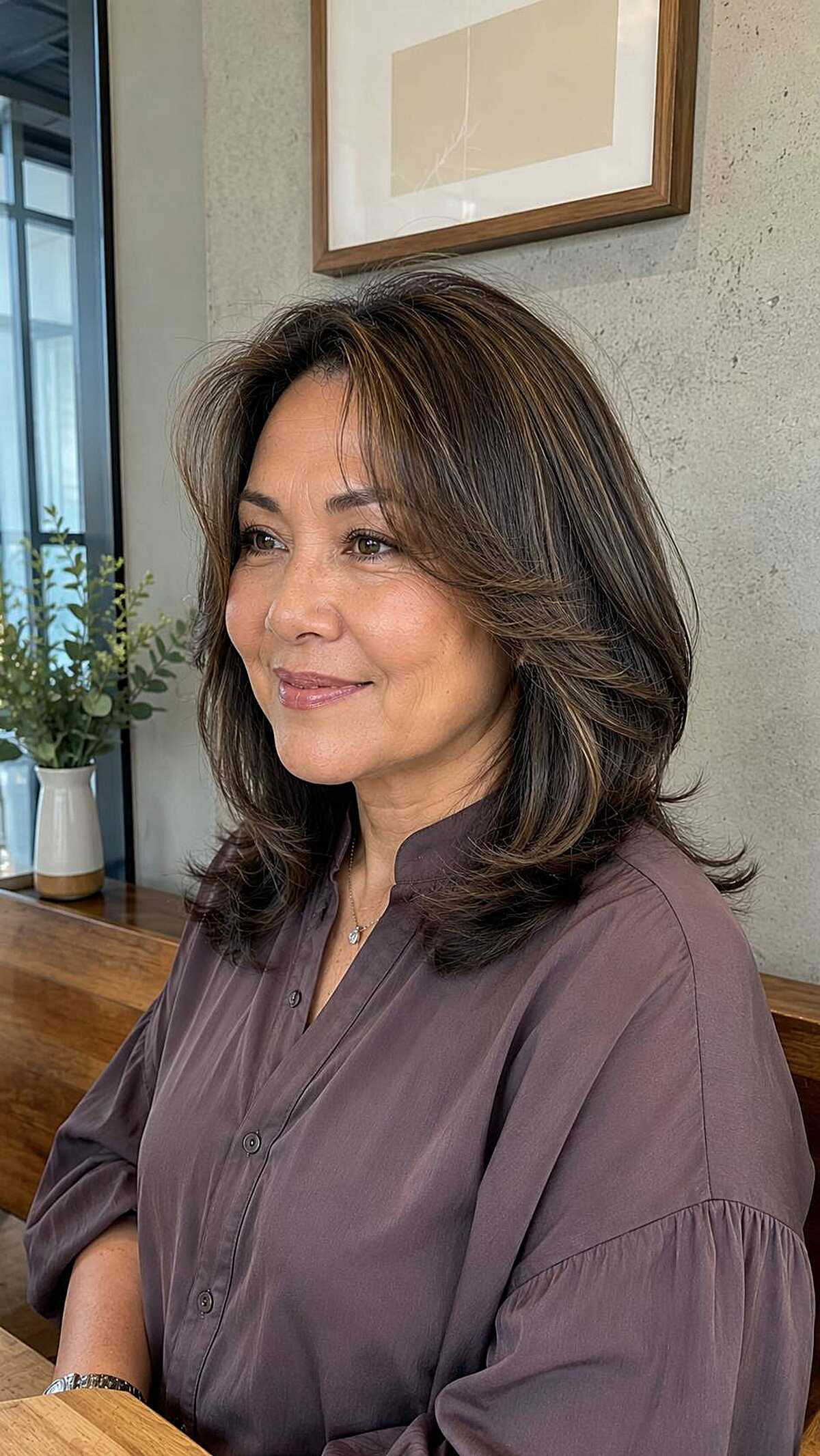 Dark layered shoulder-length cut with flipped ends