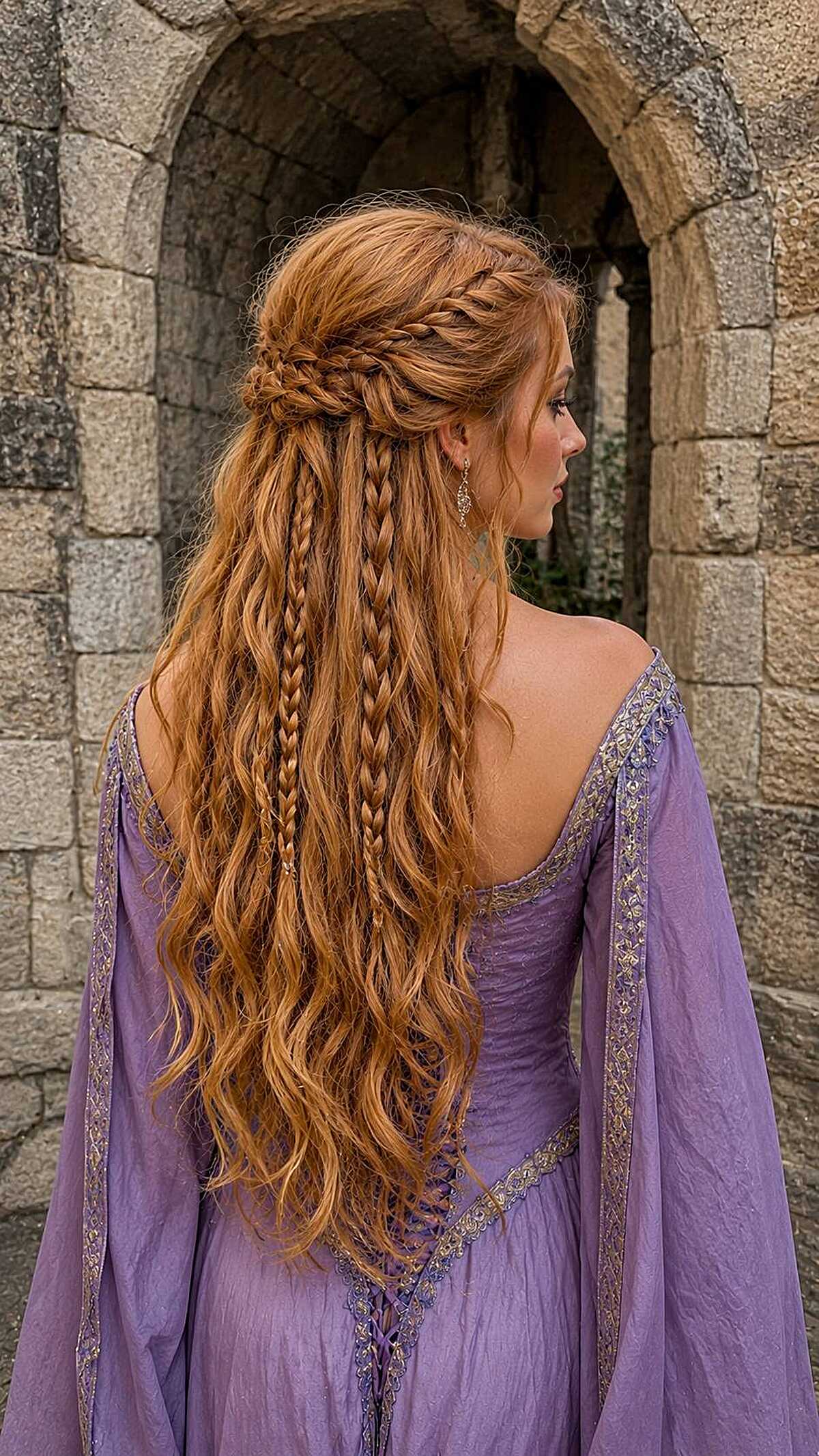 Red wavy hair with layered braids in a stone archway