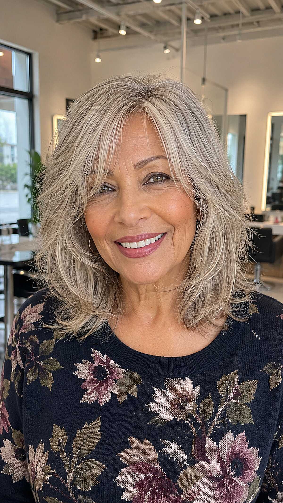 Natural Grey Blend Shag Lob with Feathered Curtain Fringe