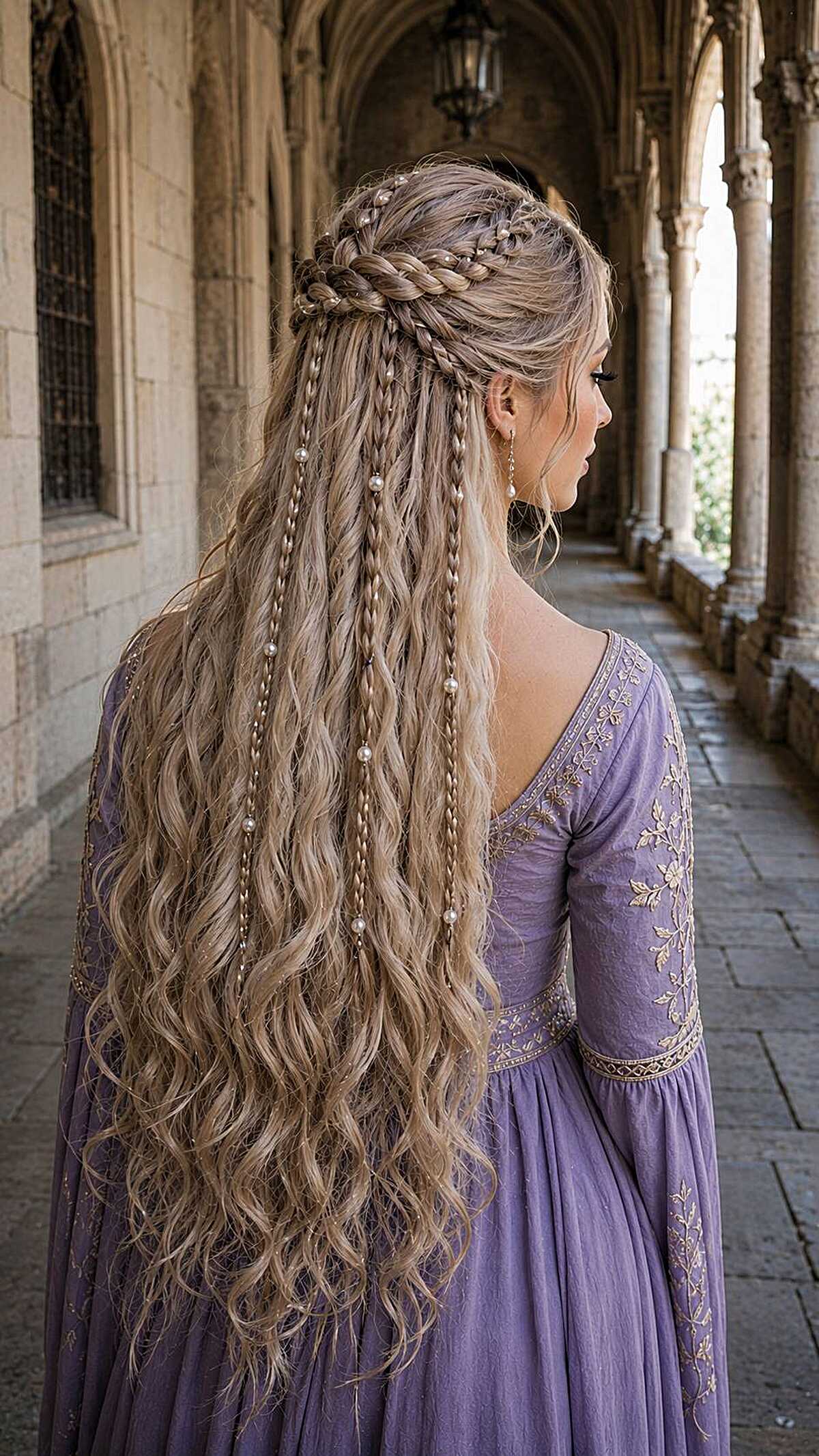Long blonde half-up braids with pearl accents and waves