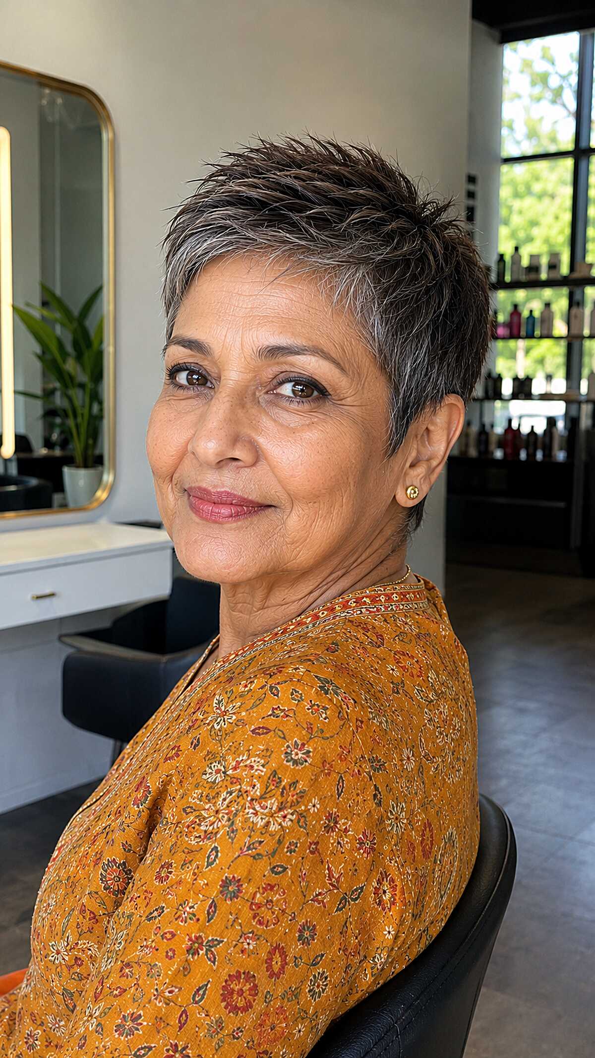 Dark gray spiky pixie cut on woman in salon chair