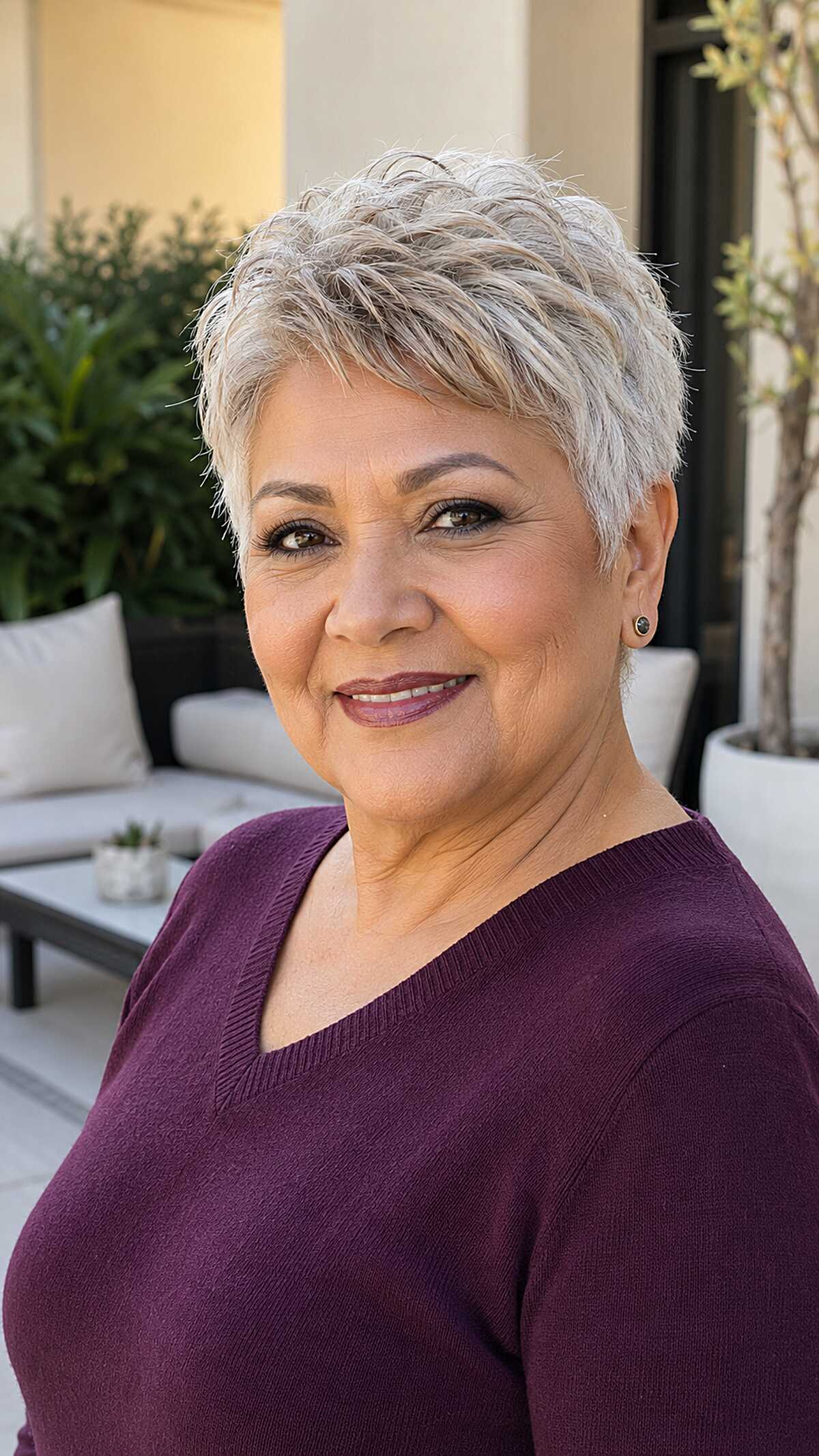 Platinum ash gray wavy short pixie cut on woman over 50