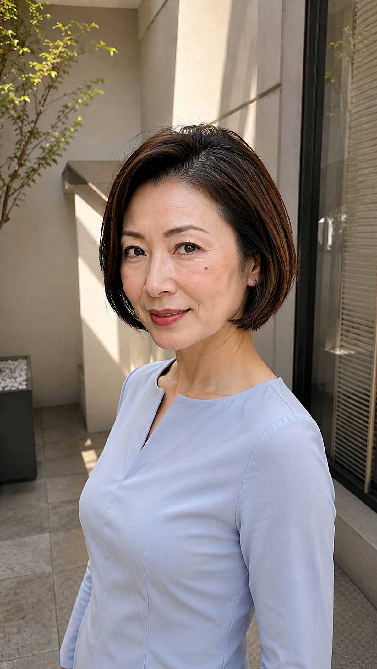 Sleek dark brown chin-length bob with subtle volume