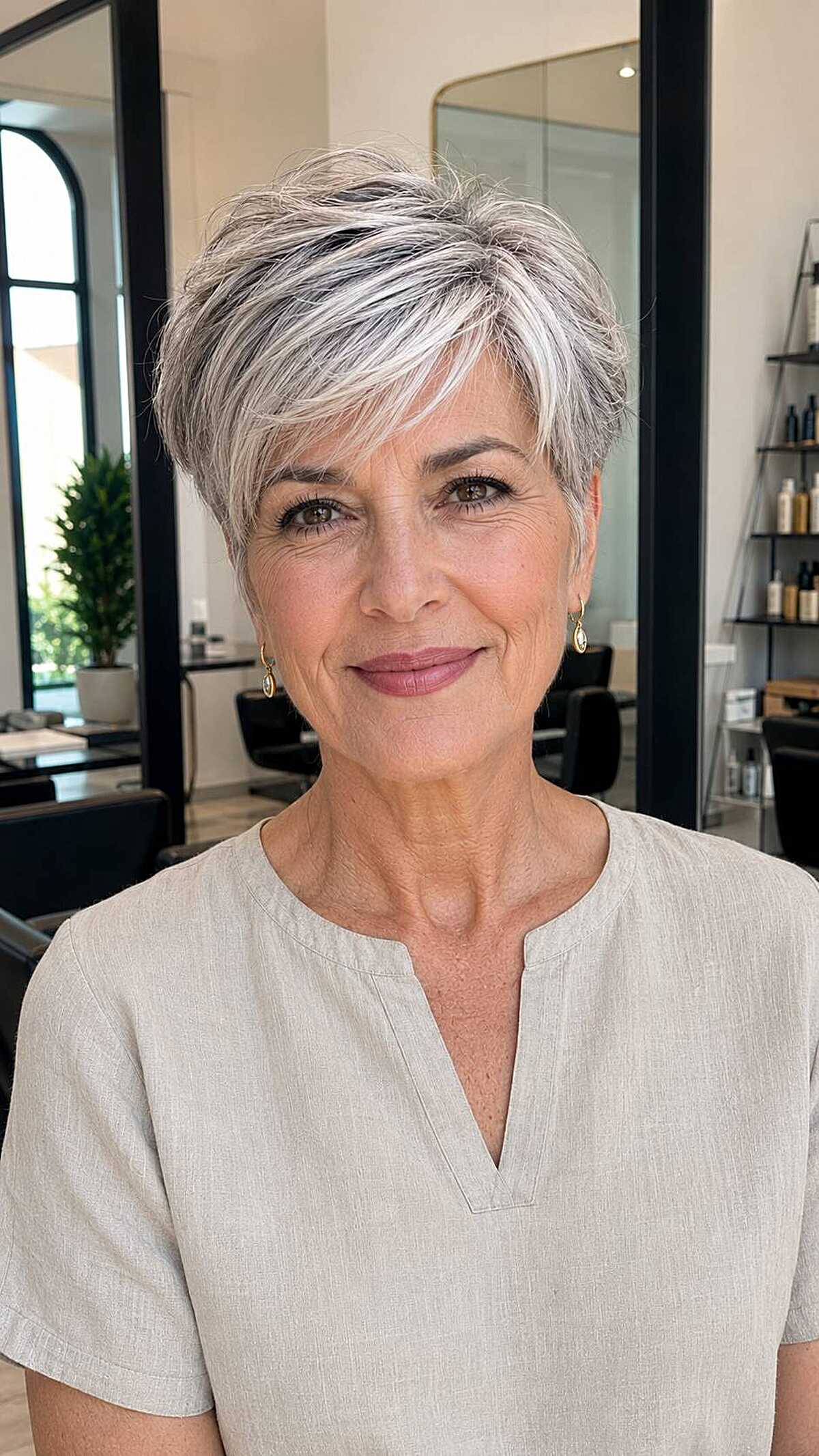 Sleek silver pixie with side-swept bangs over 60