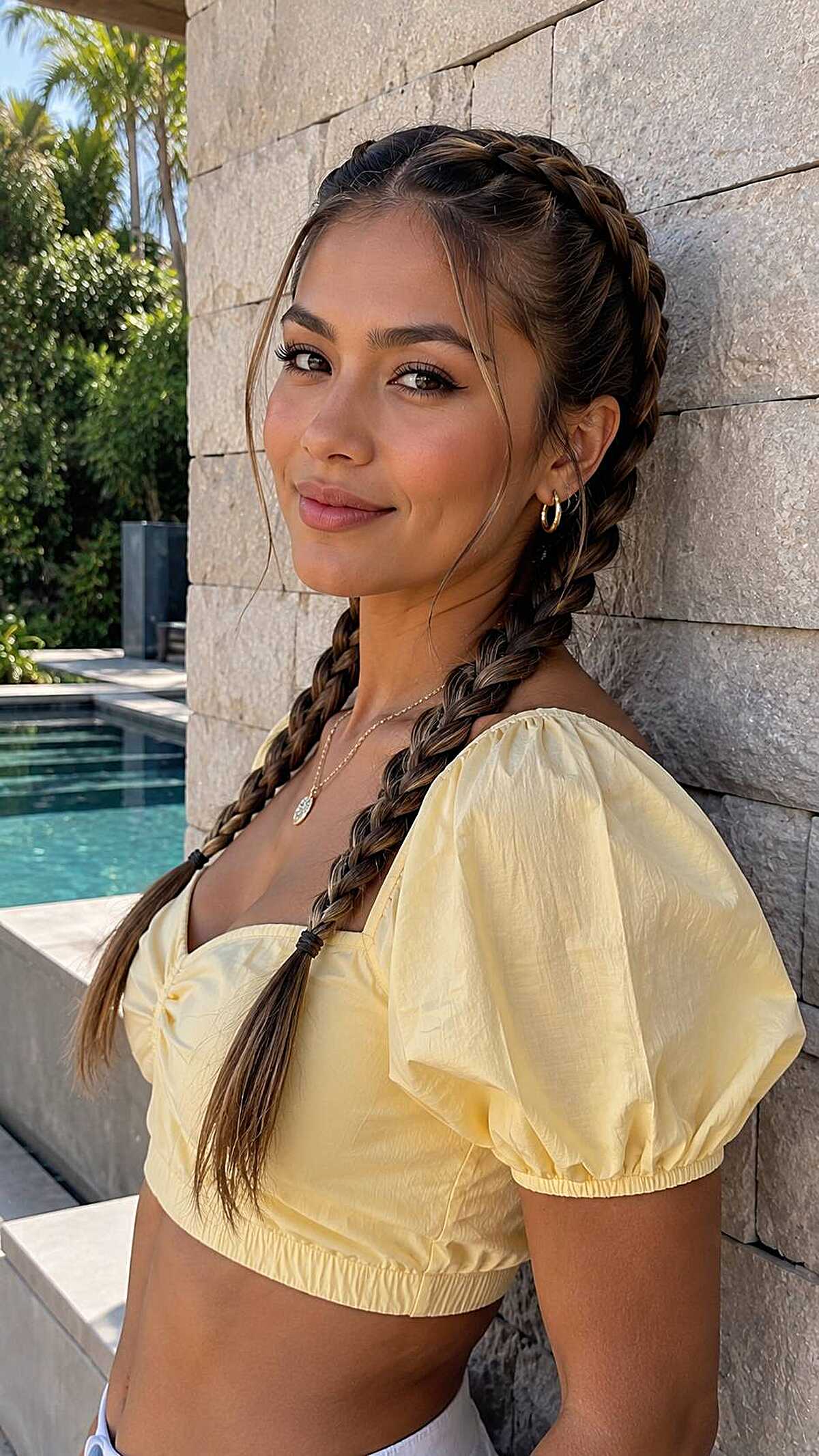 Two French braids with loose wispy ends on brunette