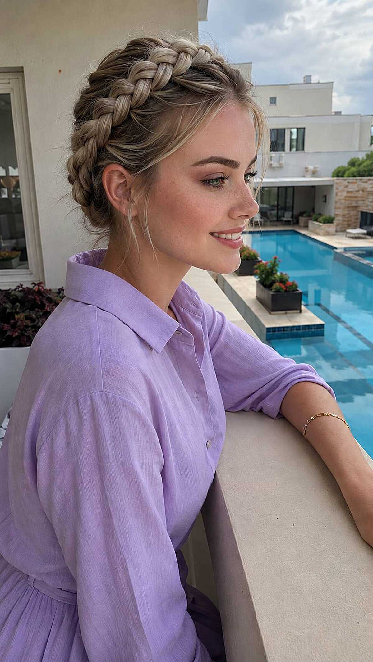 Blonde halo braid wrapped around the crown of head