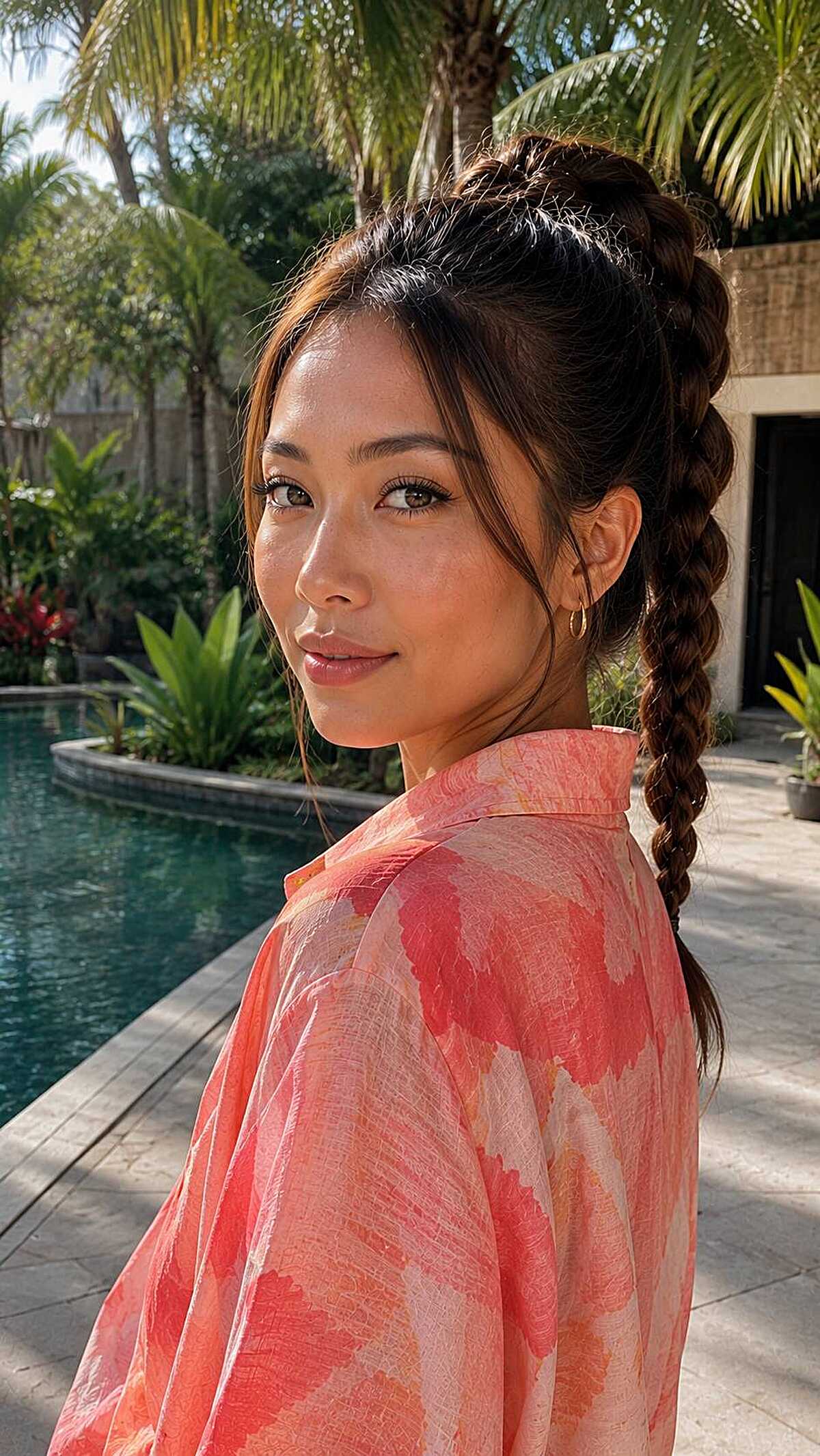 High ponytail braided down in a thick plait