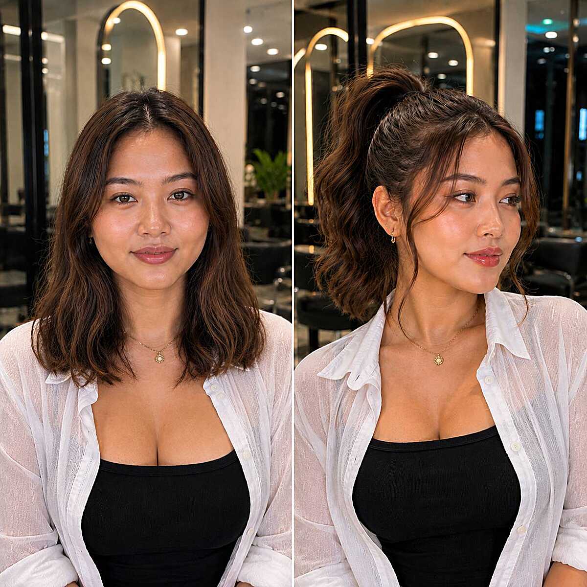 Before and after of wavy lob styled into messy high pony