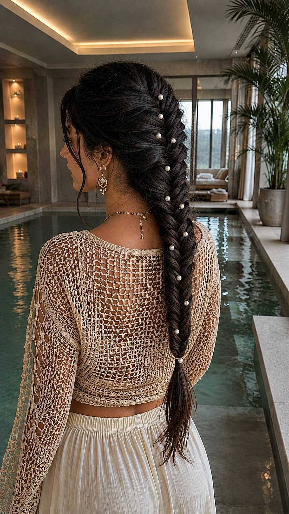Long black fishtail braid with pearl accents