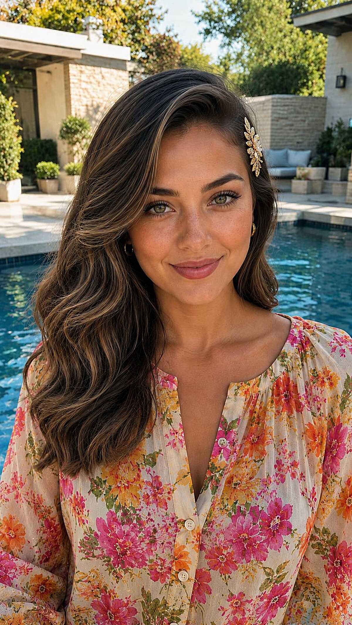 Brunette loose waves with gold leaf hair clip accent