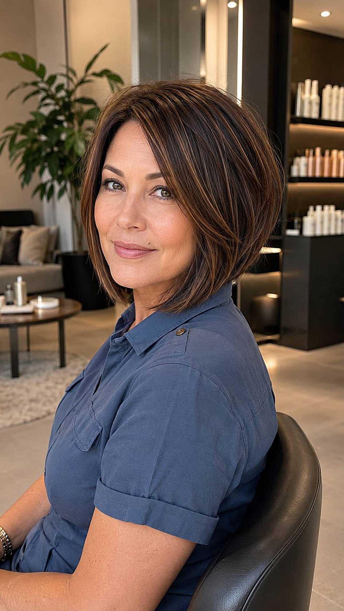 Stacked bob in deep chocolate brown with copper highlights