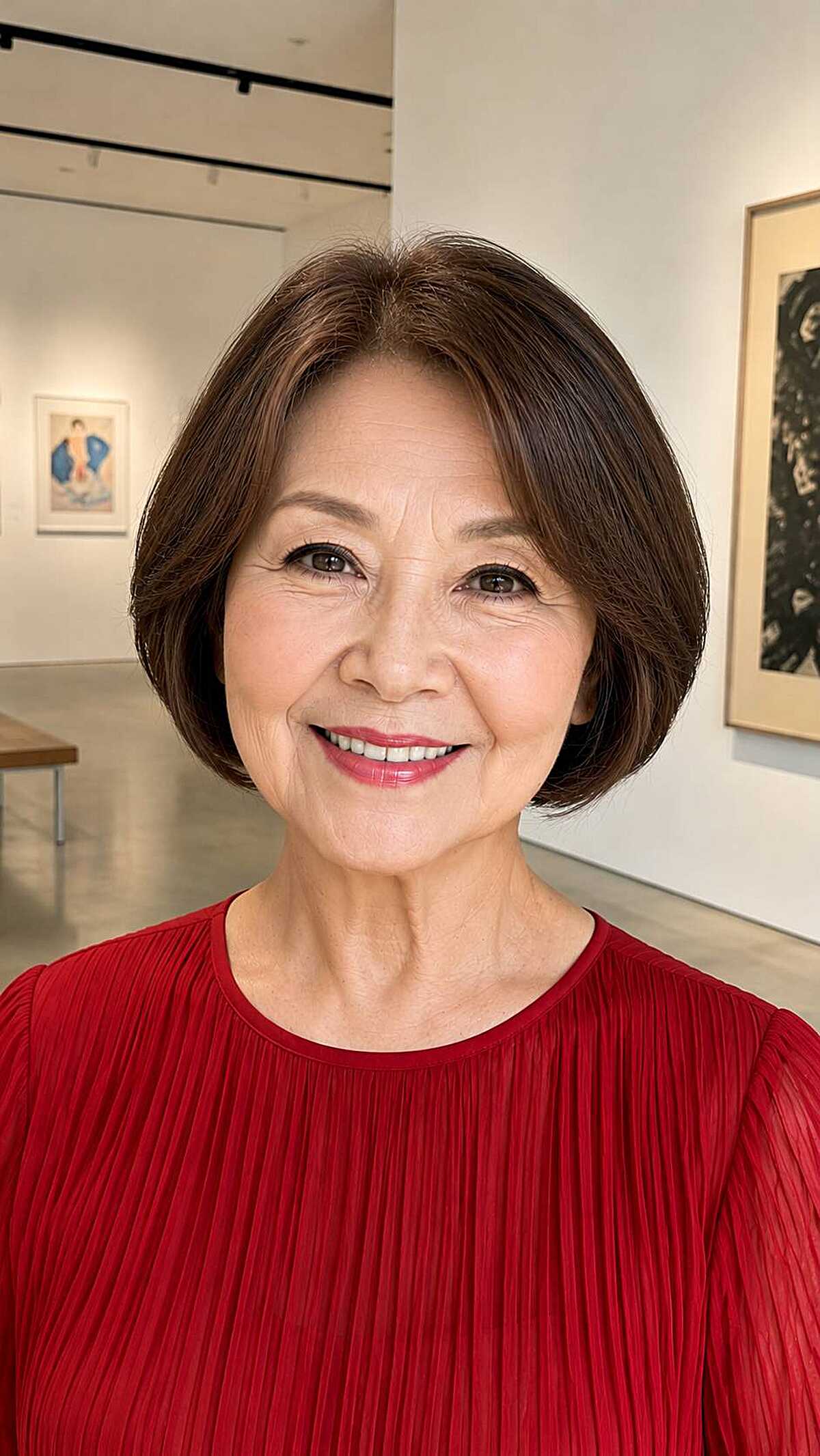 Short rounded brunette bob with side part over 60