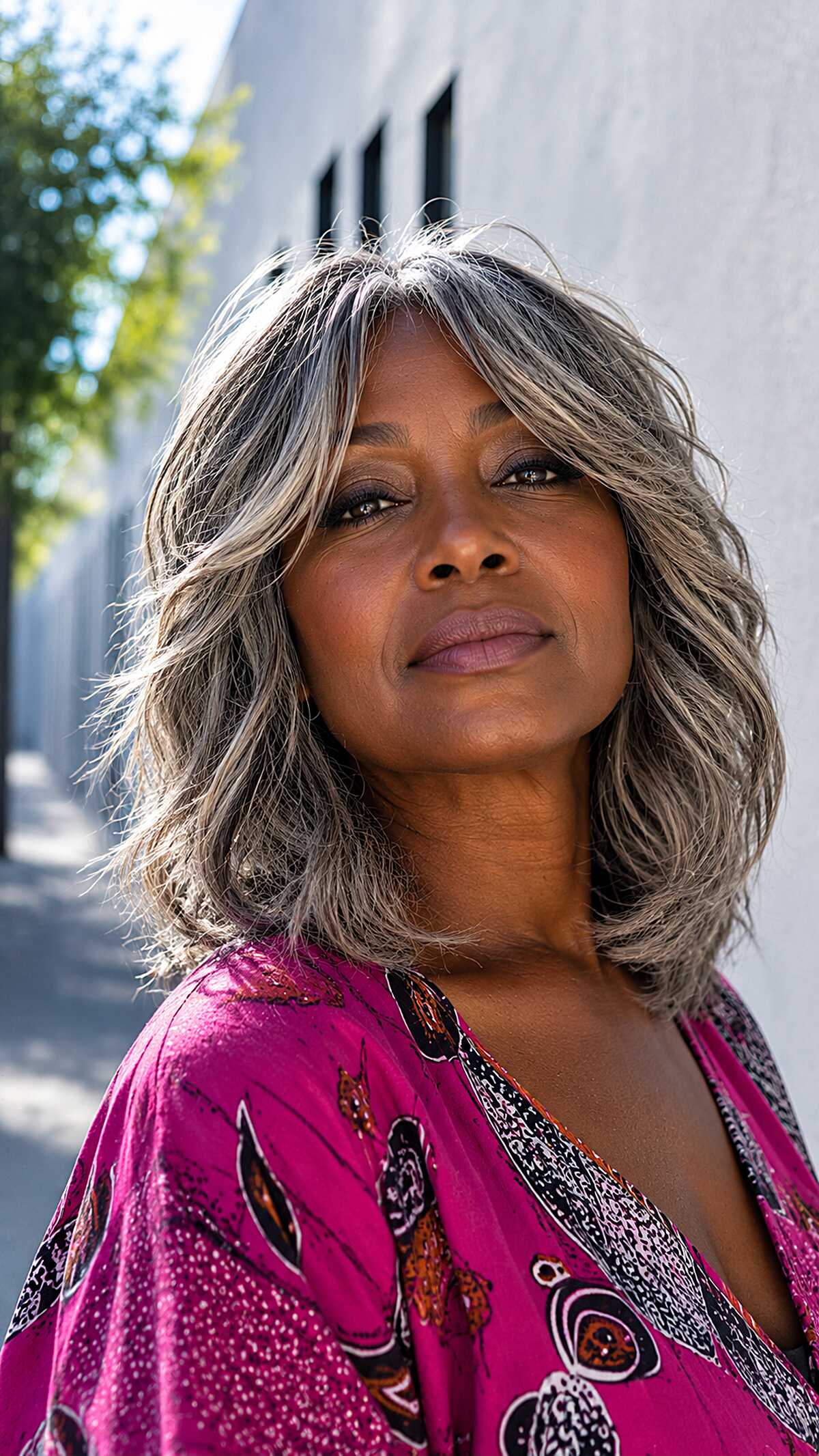 Salt-and-Pepper Shag Lob with Lived-In Waves