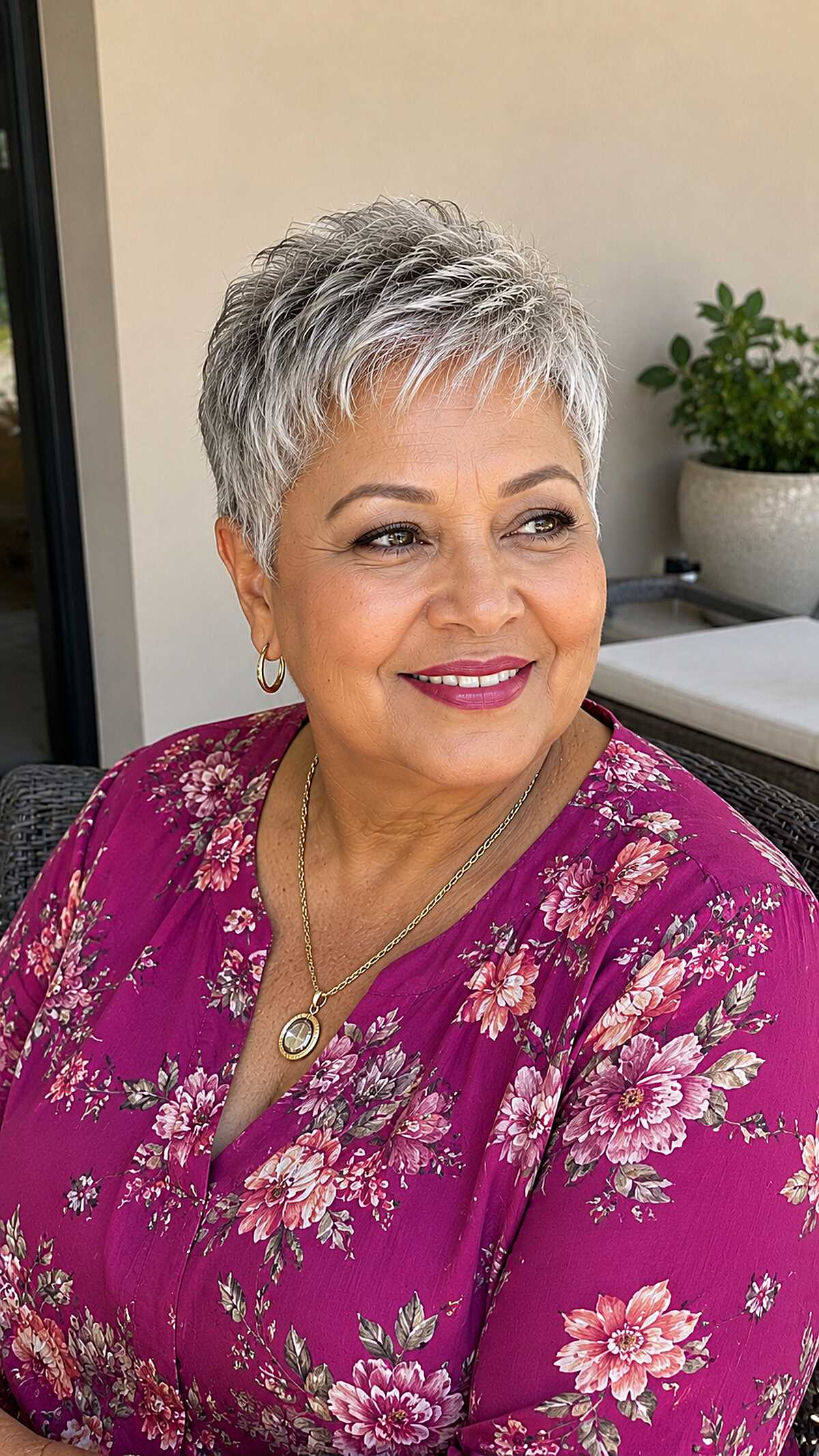 Salt and pepper layered pixie on woman with floral blouse