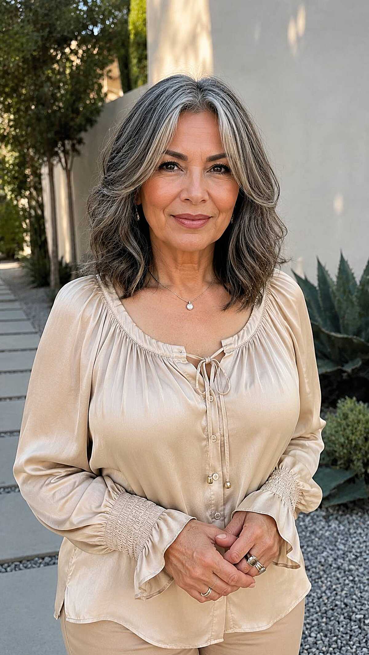 Shoulder-length wavy hair with salt and pepper blend