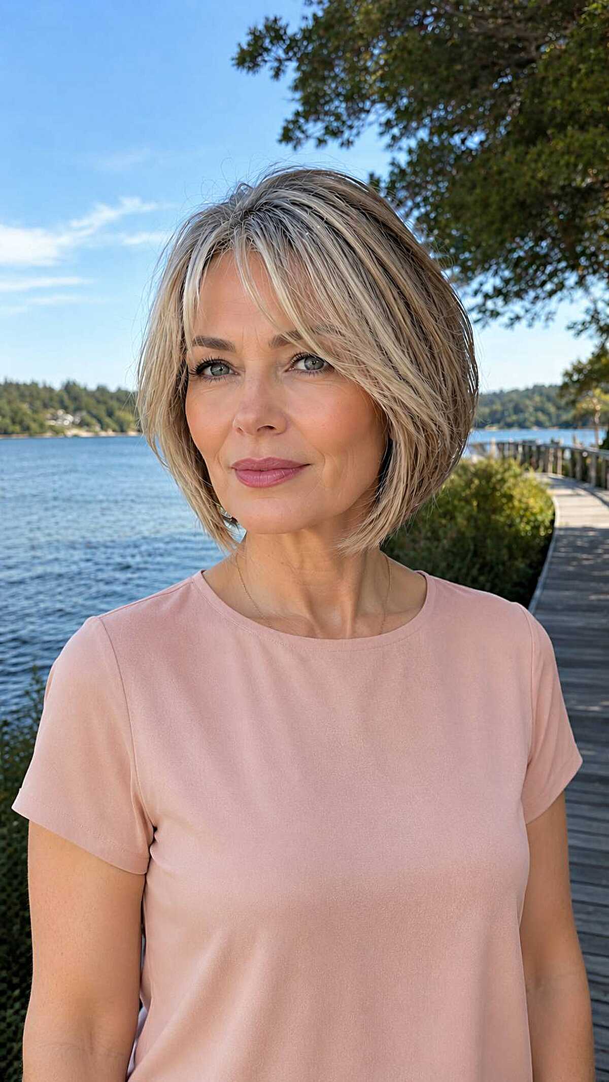 Sandy blonde layered bob with side-swept bangs outdoors