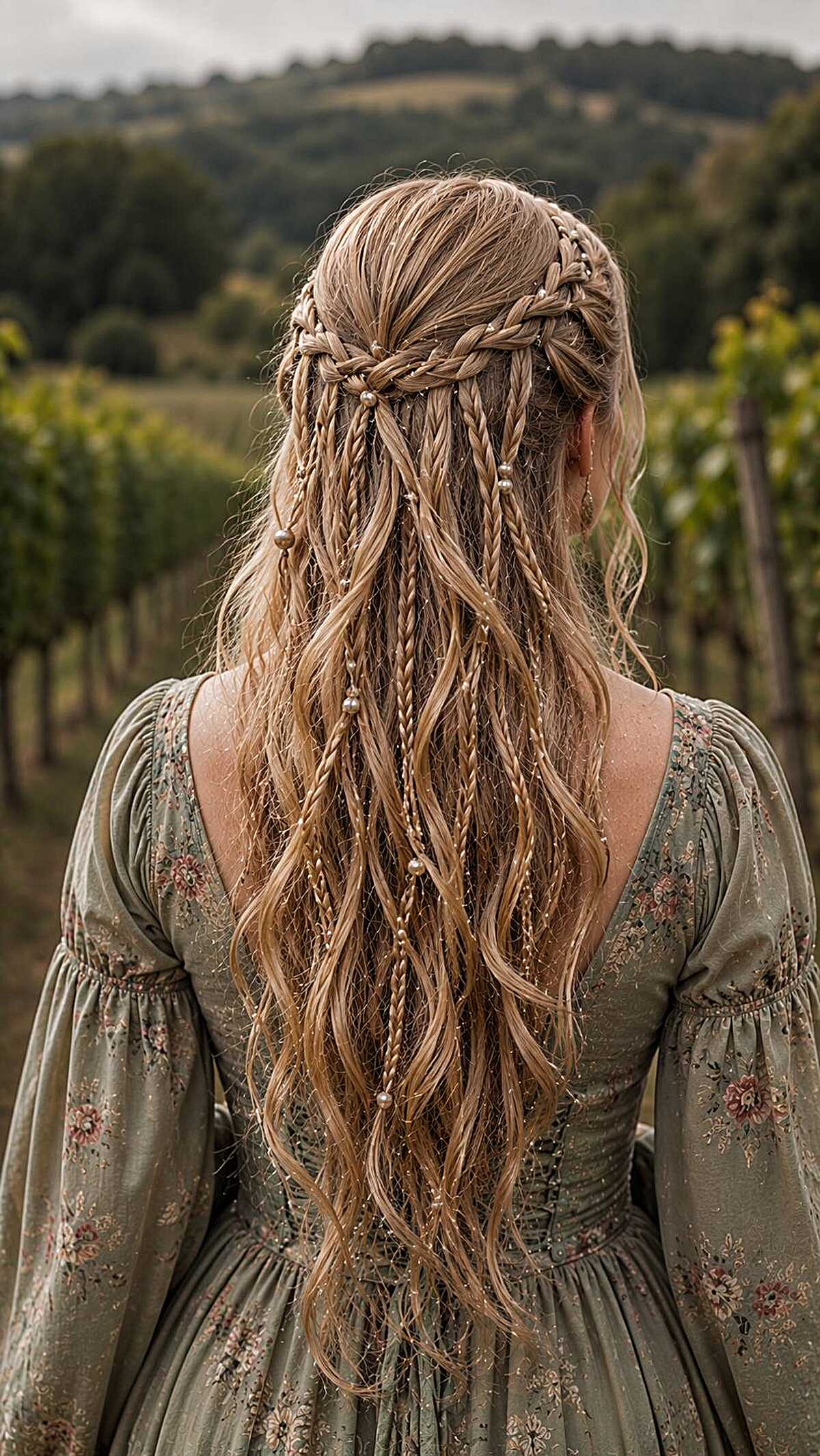 Blonde half-up with thin braids and pearls through waves