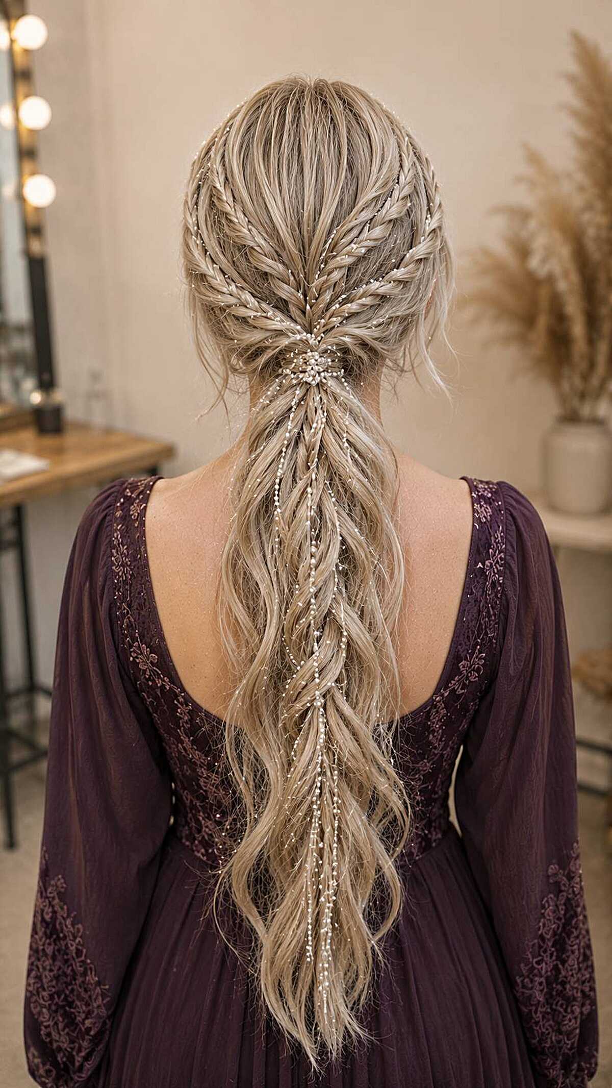 Ash blonde layered fishtail braids with bead accents