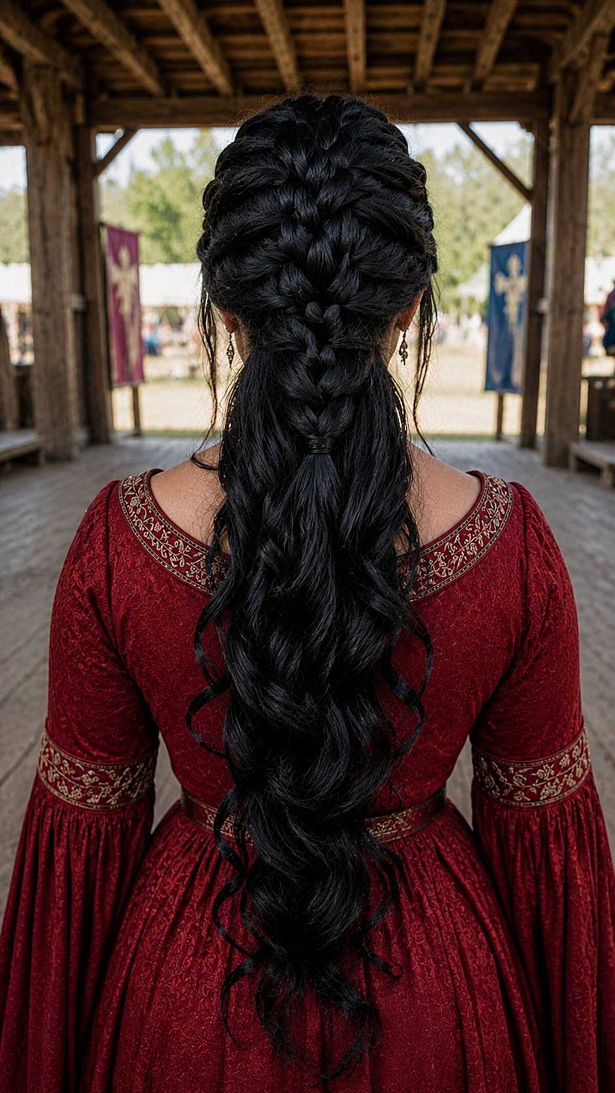 Black French braid crown flowing into curled ponytail
