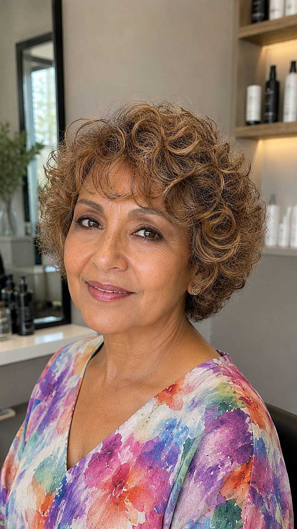 Short curly bob with warm caramel tones over 60